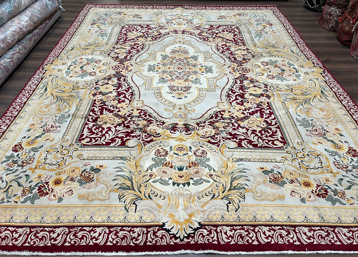 Aubusson Savonnerie Rug 9x12, Vintage French Aubusson Wool Carpet 9 x