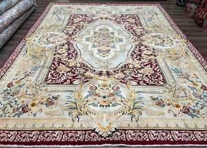 Aubusson Savonnerie Rug 9x12, Vintage French Aubusson Wool Carpet 9 x 12, Burgundy Light Blue Gold, Handmade with Pile Elegant Floral Rug - Jewel Rugs
