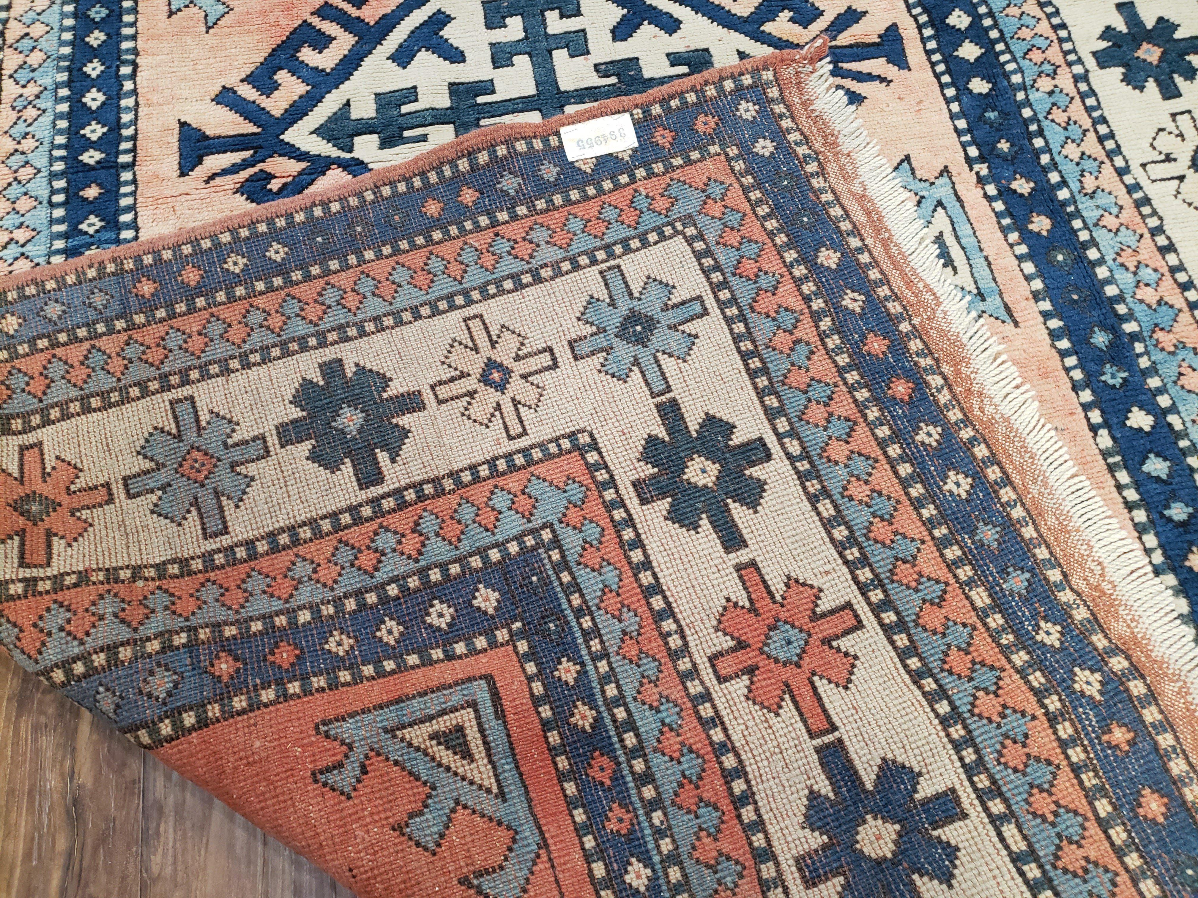 Turkish Kazak Rug 5x8 ft, Bold Geometric Bohemian Carpet, Blue and Ivory Hand Knotted Area Rug, Medium Sized High Quality Wool Oriental Rug - Jewel Rugs