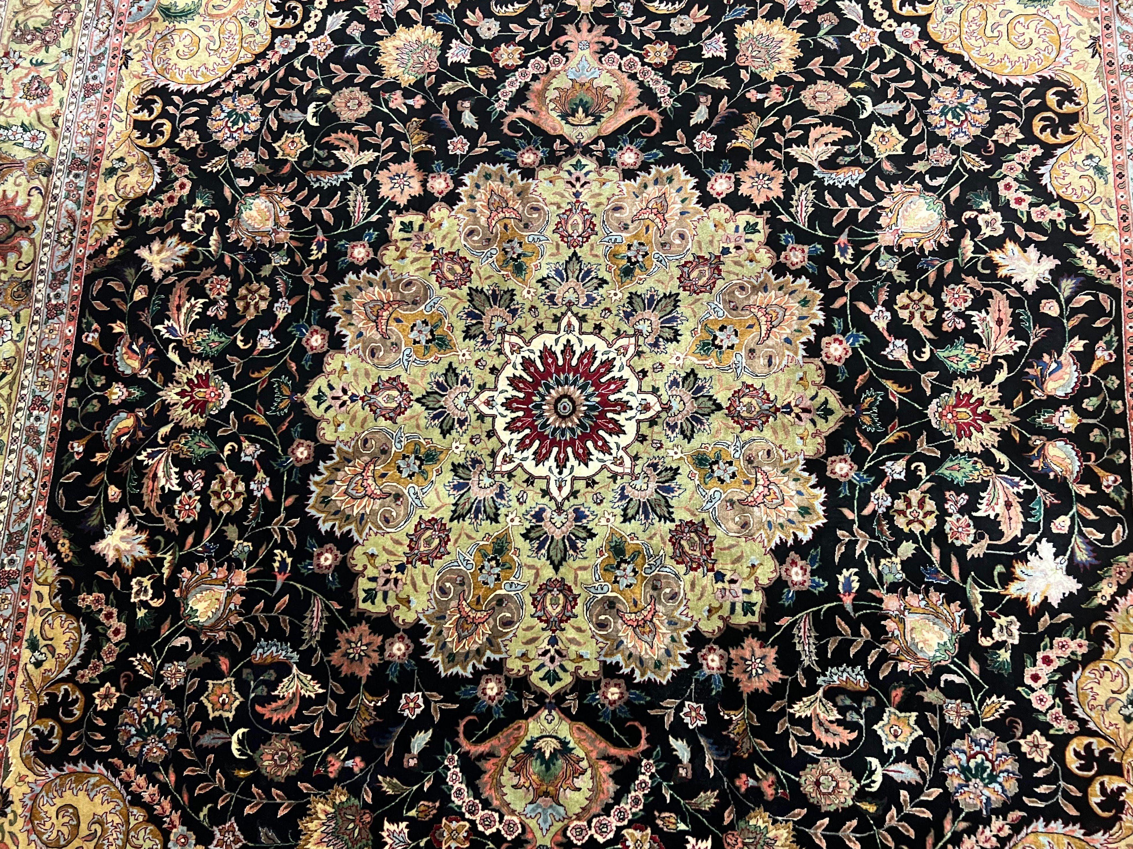 Stunning Sino Persian Rug 8x10, Elegant High Quality Handmade Wool Vintage Oriental Carpet, Medallion with Corner Design, Floral, Black Tan - Jewel Rugs