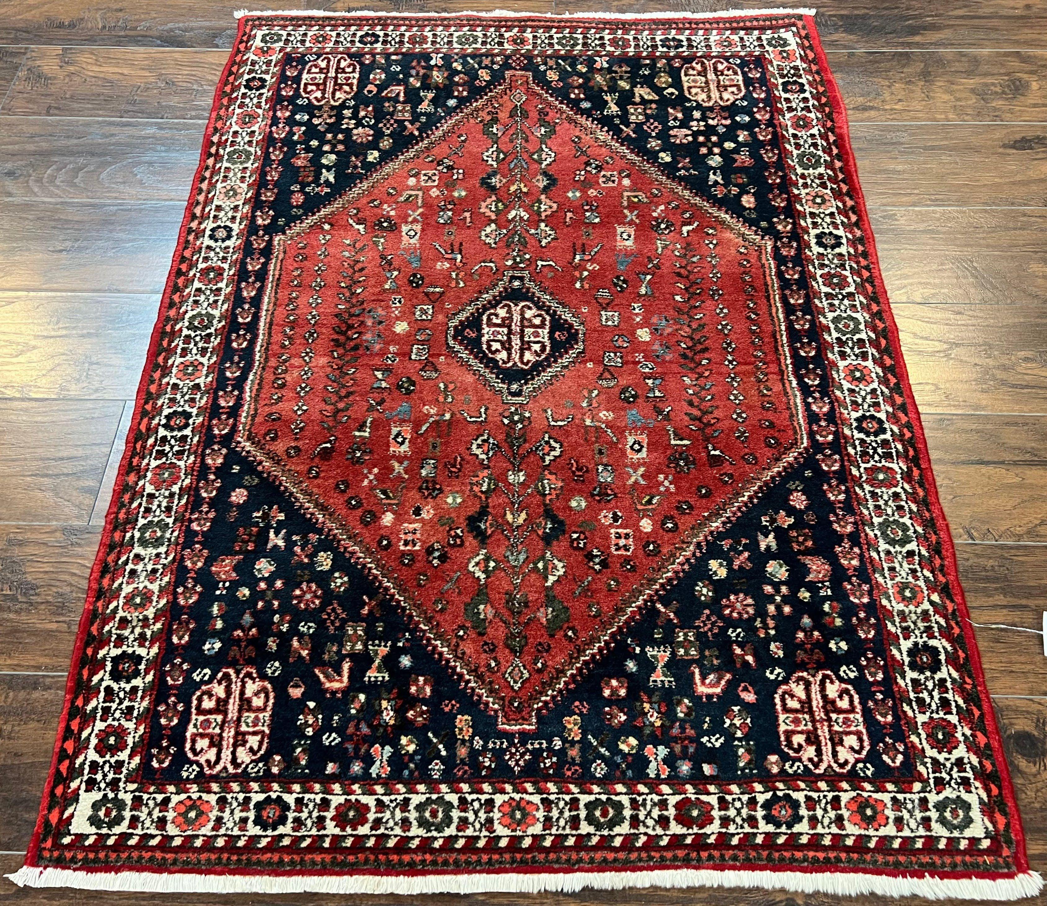 Persian Tribal Rug 3.6 x 5 ft, Persian Abadeh Rug, Geometric Medallion Bird Motifs, Red and Navy Blue Hand Knotted Handmade Wool Vintage Oriental Carpet - Jewel Rugs