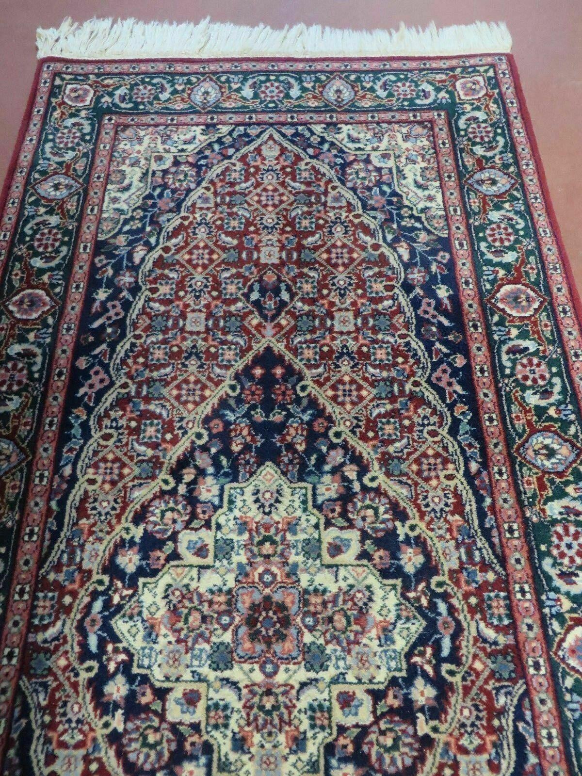 2' 6" X 12' Vintage Handmade India Floral Blue & Red Wool Runner Rug Oriental Carpet - Jewel Rugs