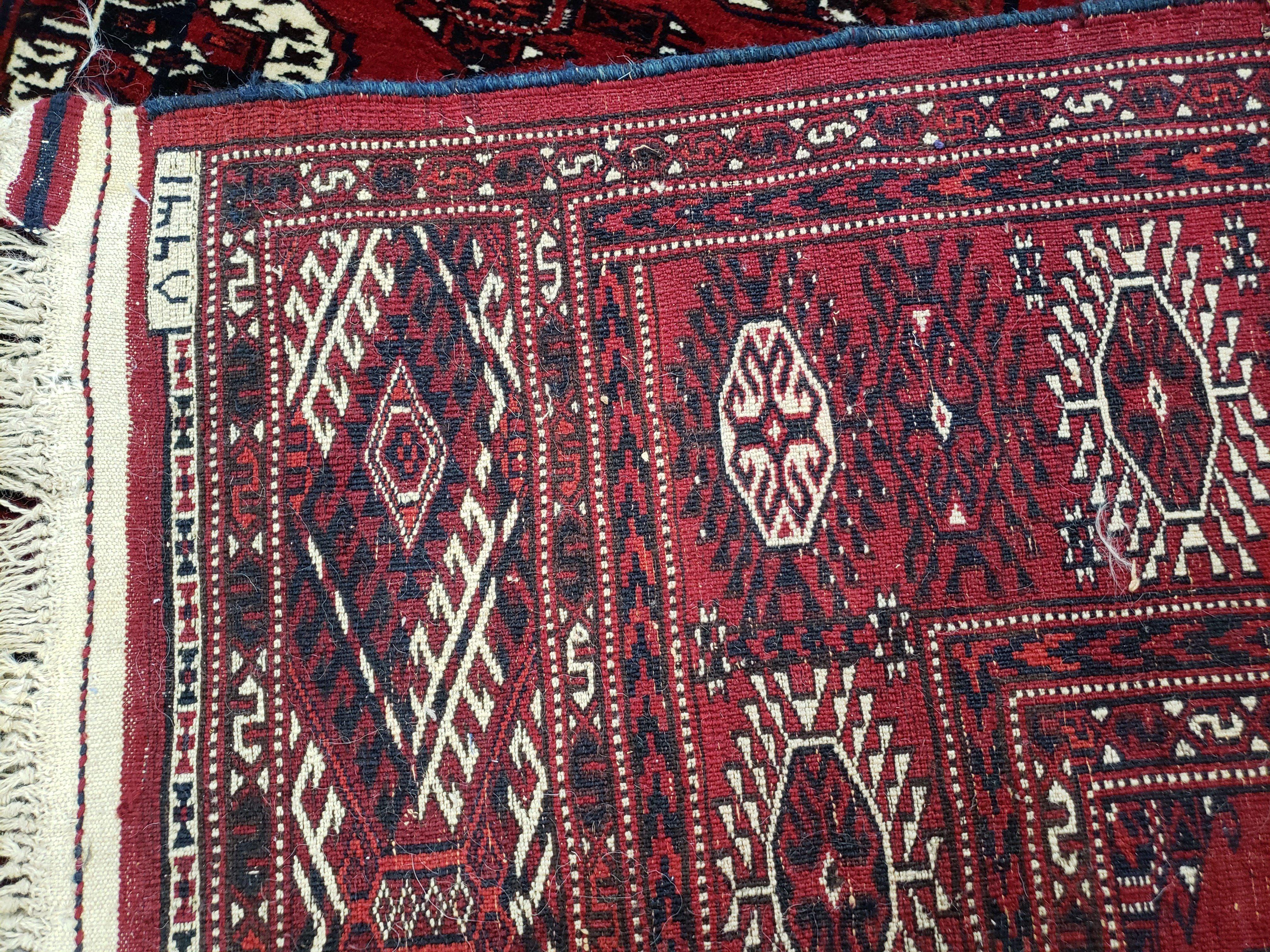 Persian Turkoman Rug 8 x 12.5, Bokhara Turkoman Carpet, Fine Oriental Rug, Vintage Wool Handmade Area Rug, Red Black Cream, Room Sized - Jewel Rugs