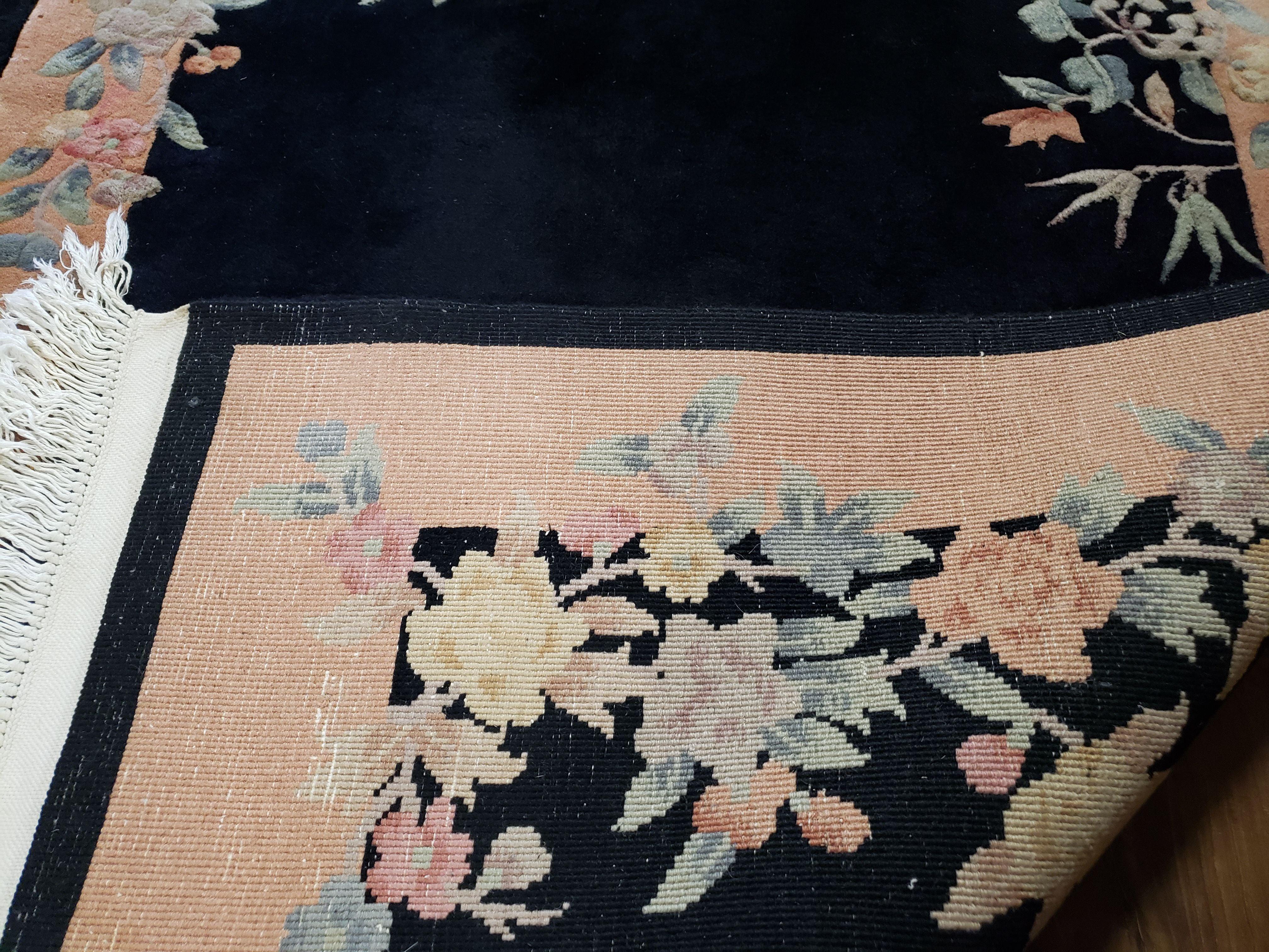 Chinese Art Deco Carpet 4x6, Black & Peach Chinese Oriental Rug 4 x 6, Flowers, Simple Design, 90 Line, Vintage, Wool, Soft, Thick Pile - Jewel Rugs