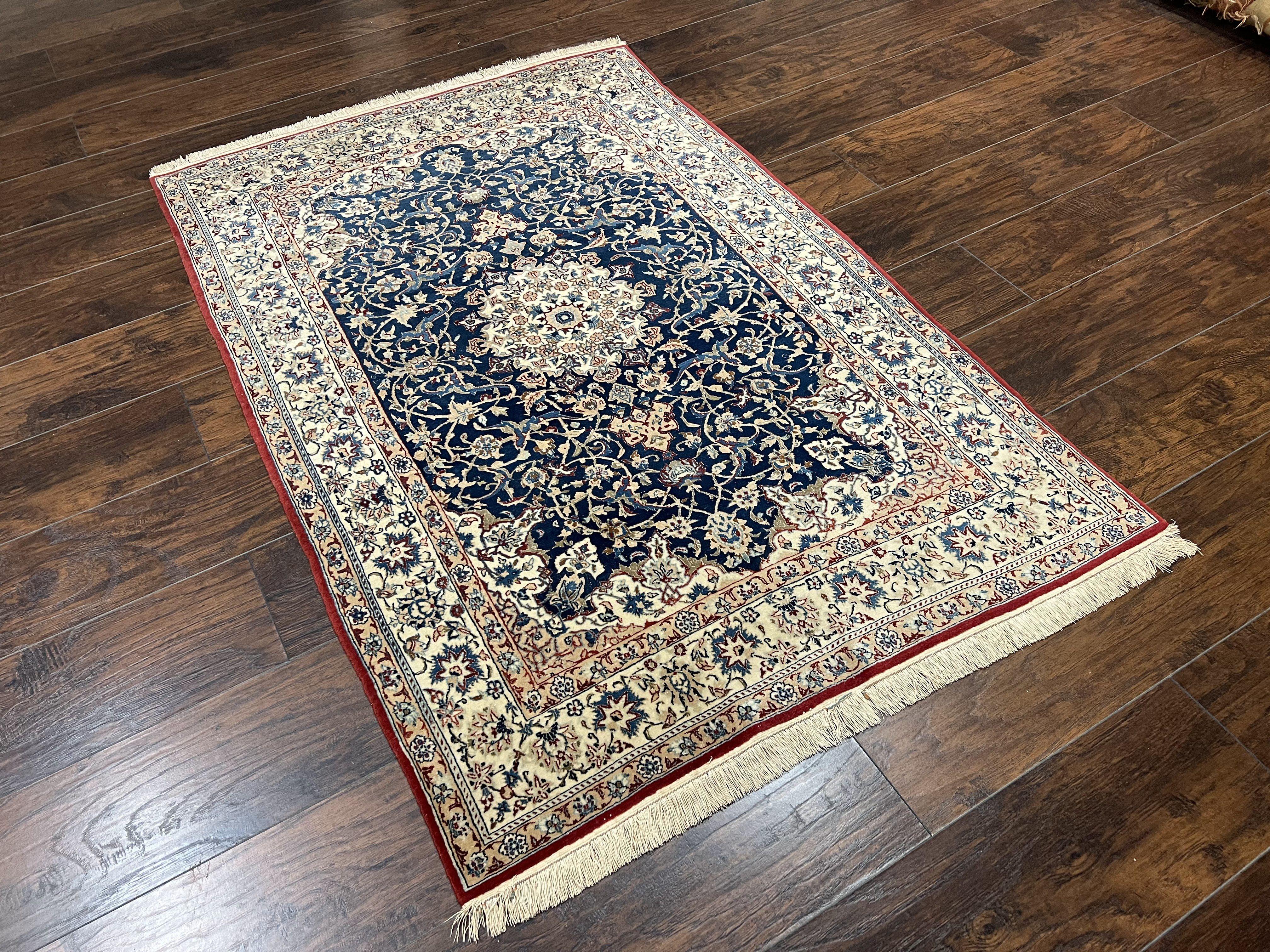 Super Fine Persian Nain Carpet 3.6 x 5.4, Traditional Persian Rug, Center Medallion with Floral Allover Design Dark Blue and Ivory/Cream Detailed 4-La, Wool with Silk Accents - Jewel Rugs