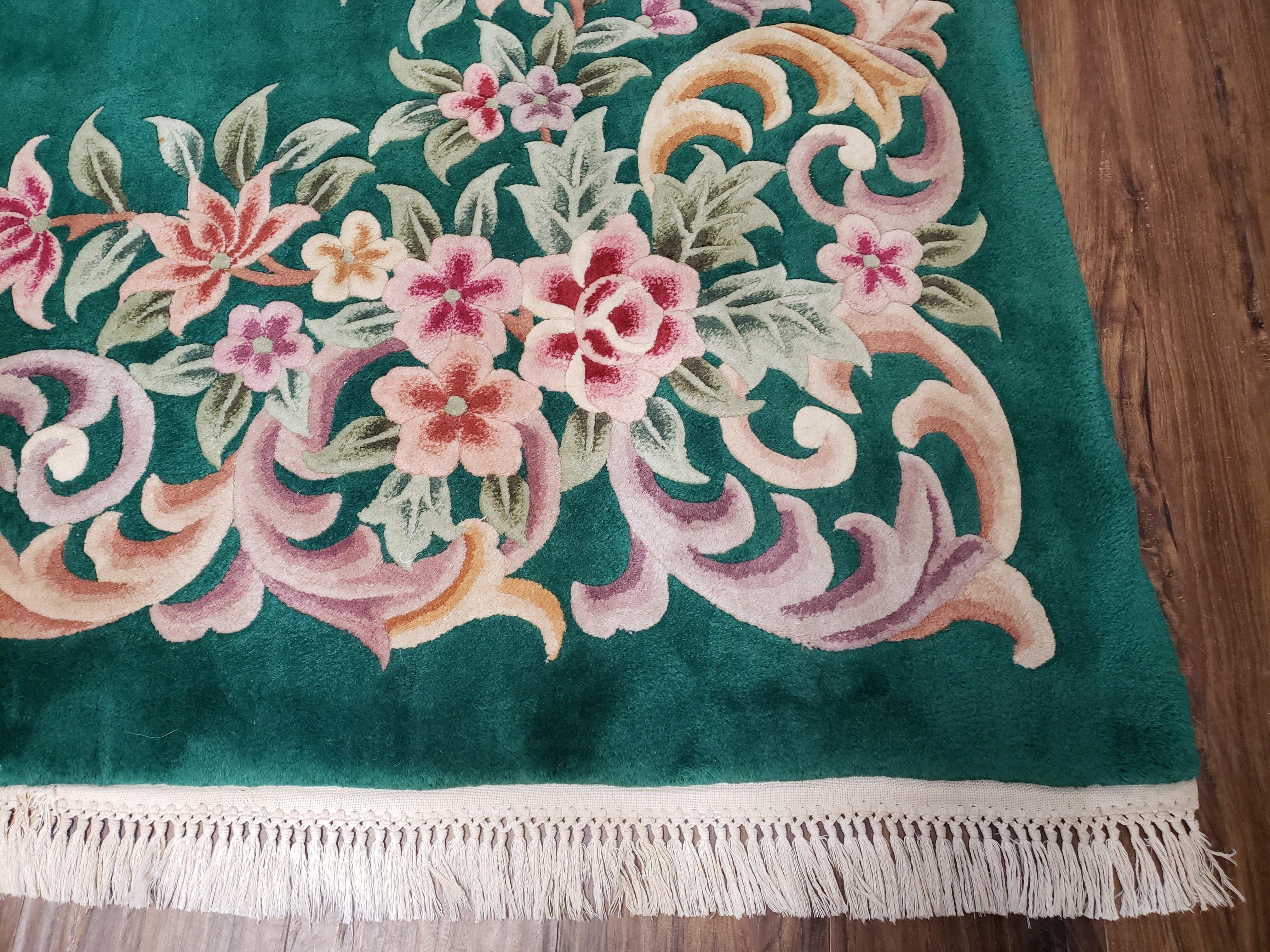 Green Chinese Aubusson Rug, Floral Design, Pile Rug, Room Sized Rug 9x12, Dining Room Living Room Bedroom Rug, European Design, Hand Tufted - Jewel Rugs