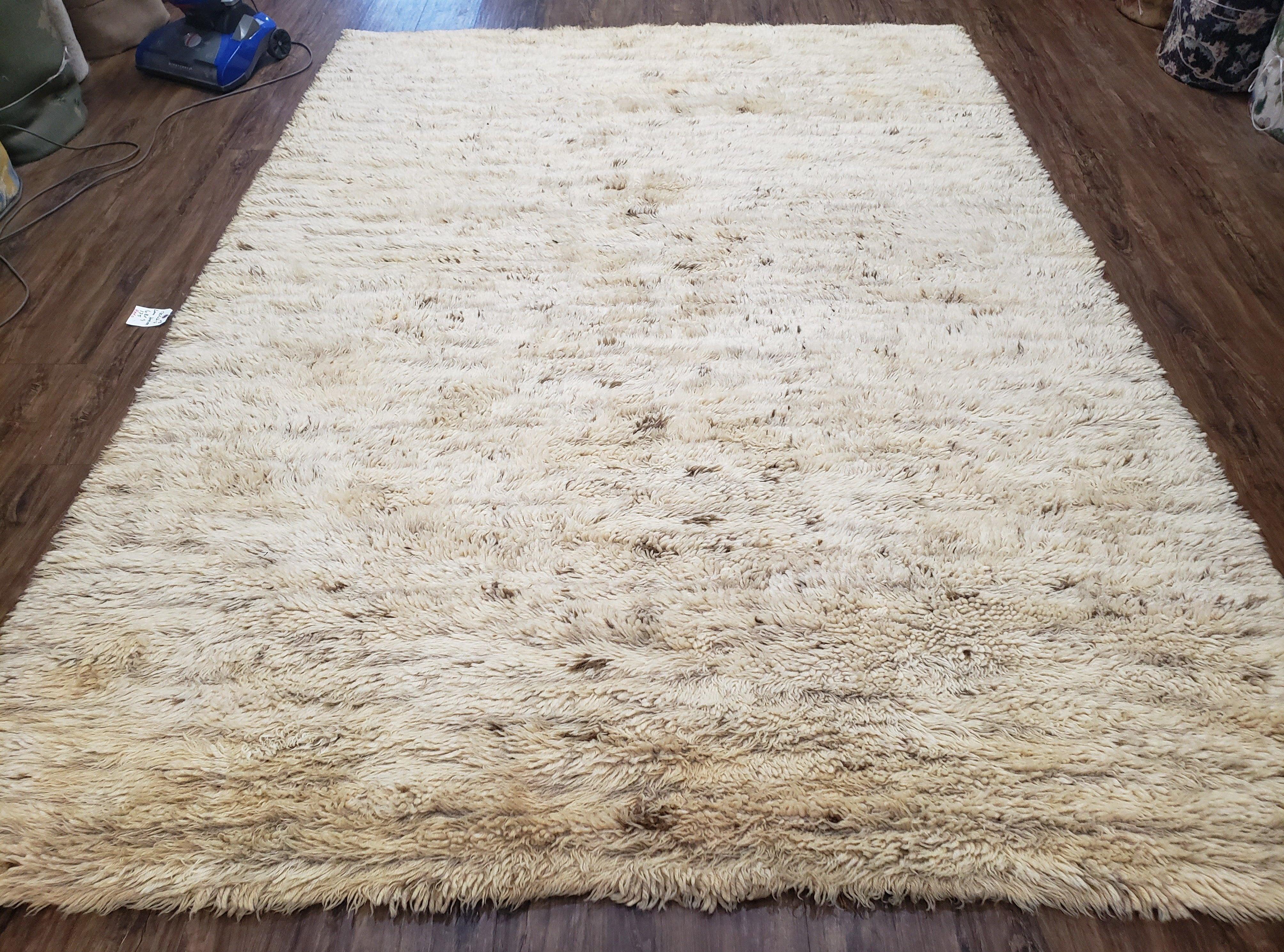 Vintage German Shag Rug 6.8 x 9, Wool Rya Style, Modern Shag Rug Ivory, 6x9 - 7x9 Living Room Carpet, Soft High Pile - Jewel Rugs