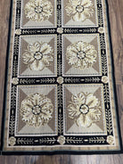 Needlepoint Runner Rug 3x8 Panel Design Rug, Flatweave Runner Rug, English Design, Floral, Short Runner Rug, Black and Beige Wool Hand-Woven - Jewel Rugs