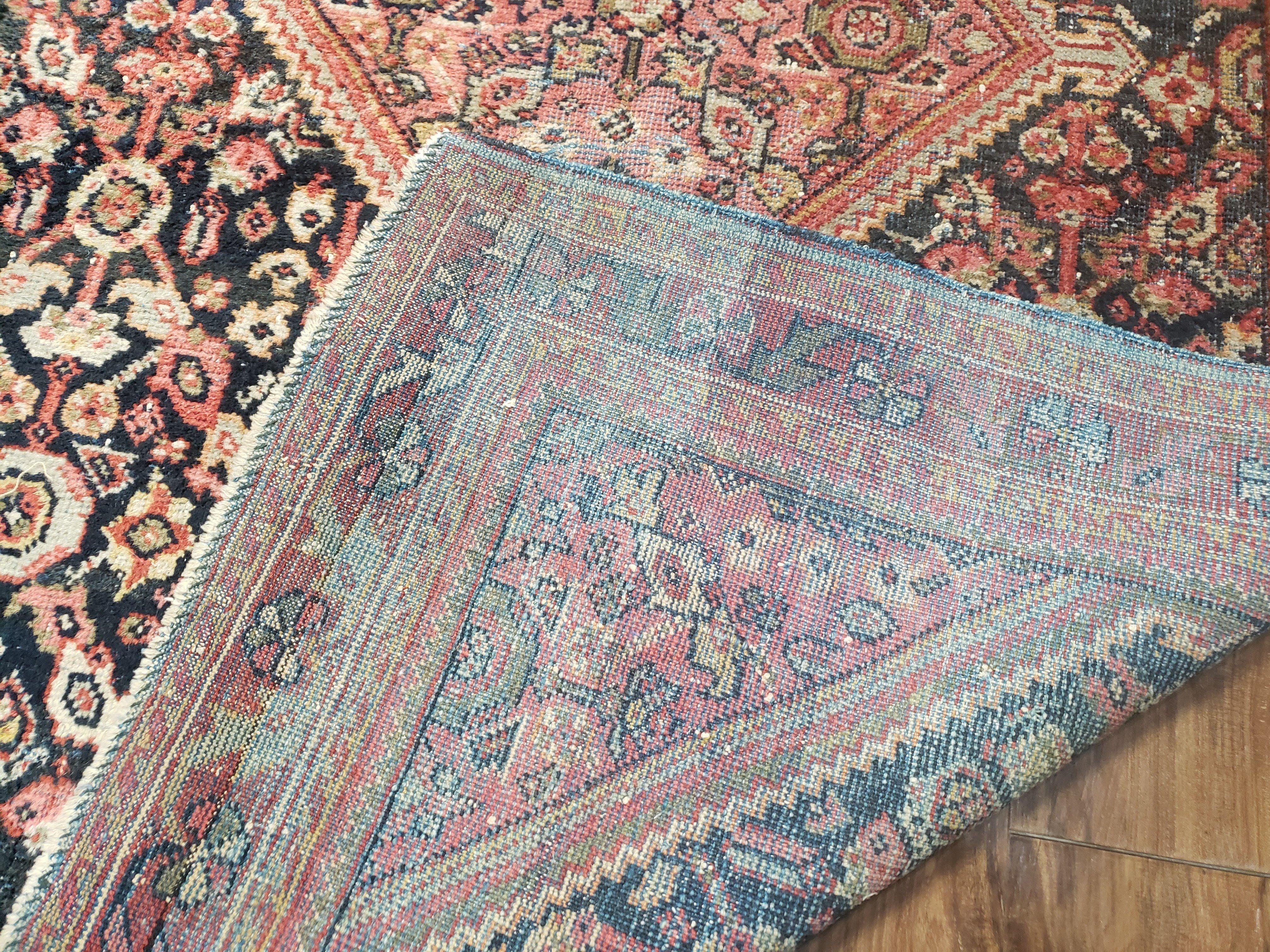 Antique Persian Mahal Area Rug 4.4 x 6.6, Wool Hand-Knotted Shabby Chic Oriental Rug, Red Black 1930s Foyer Room Carpet, Low Pile Boho Rug - Jewel Rugs