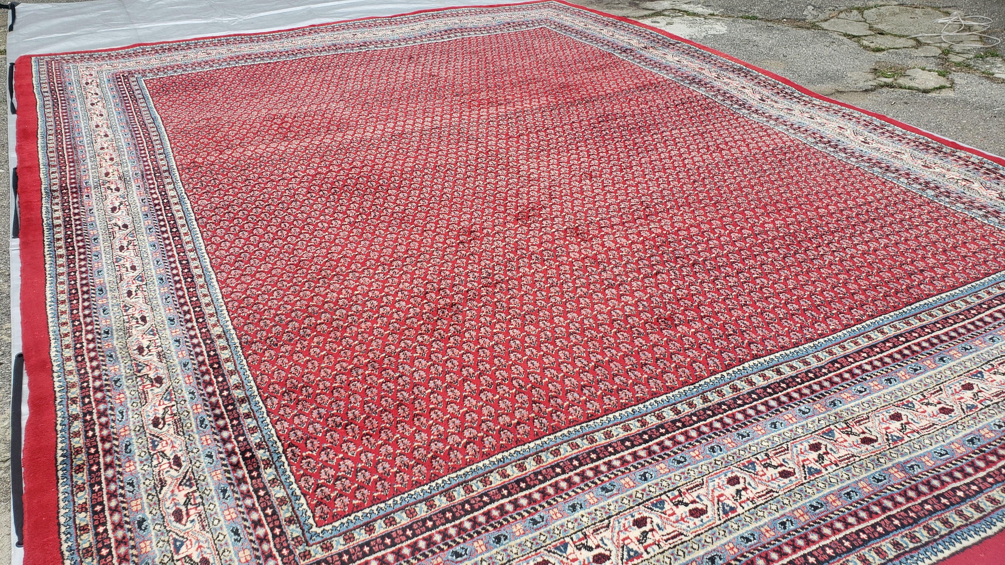 Persian Sarouk Mir Pattern, Red and Beige, Hand-Knotted, Wool, Paisley Boteh Design, 9'9" x 13', Semi Antique - Jewel Rugs