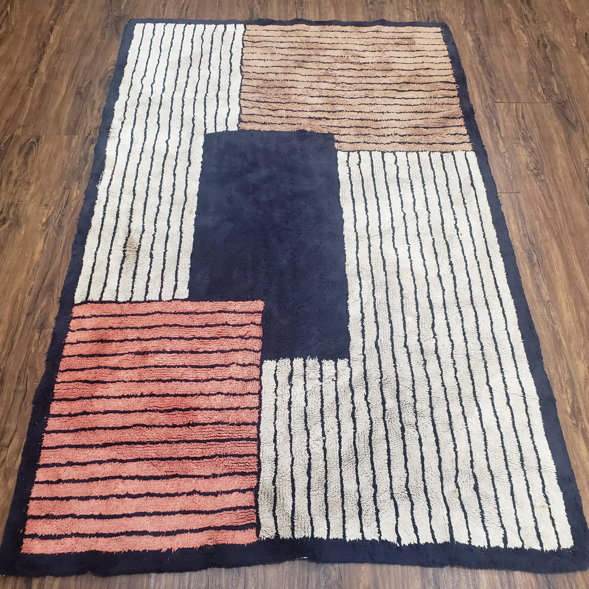 Vintage German Shag Rug 4x6, Small Geometric Abstract Design Hooked Ca ...