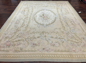 Aubusson Rug 8x10 ft, Room Sized Elegant Aubusson Savonnerie Carpet, Flatweave, Beige Ivory/Cream, Floral Vintage Wool Handmade Aubusson Rug - Jewel Rugs