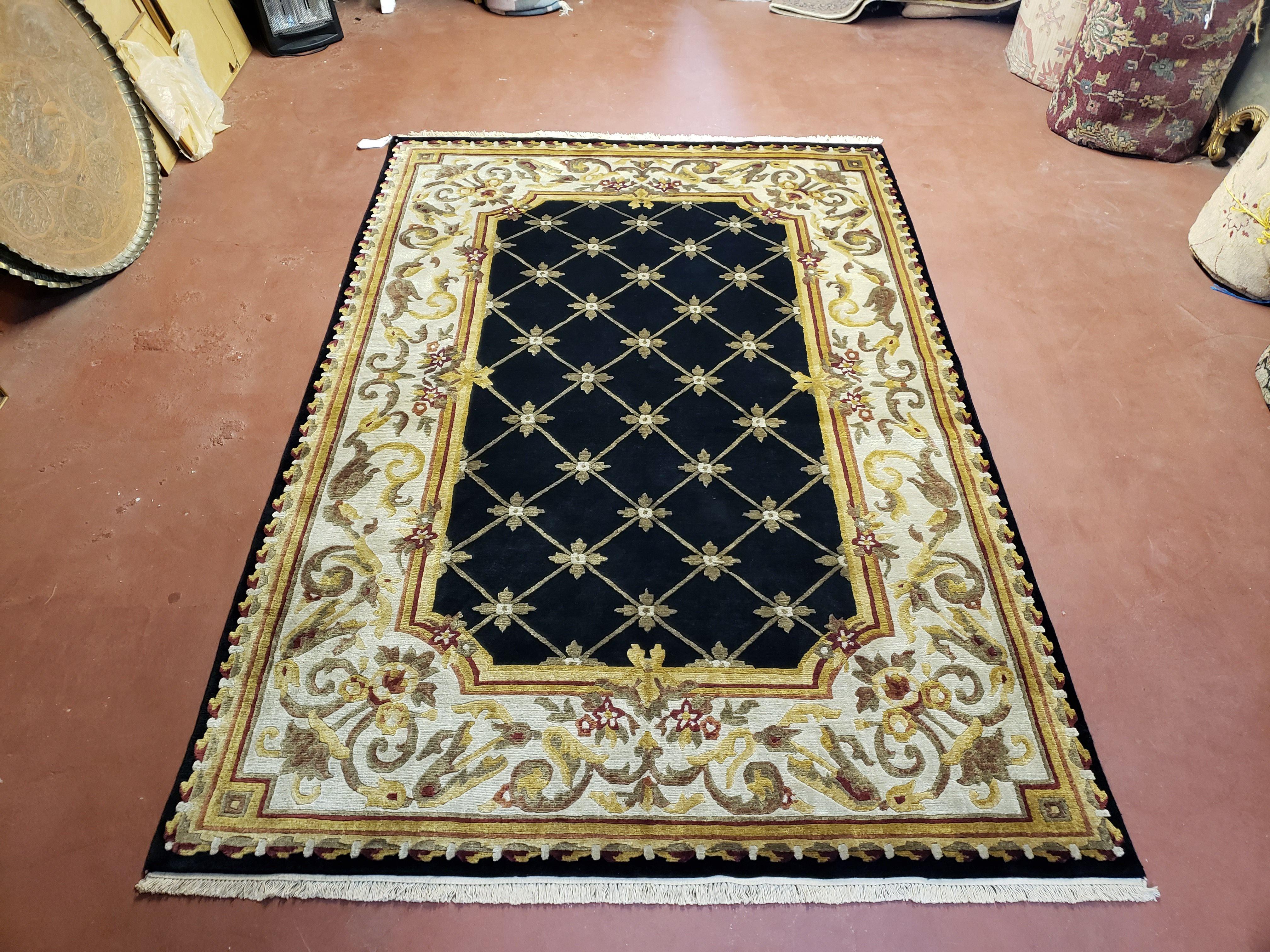 6x9 Aubusson Design Nepali Tibetan Rug Black & Beige Hand-Knotted Wool Carpet Soft Plush Pile New Rug Nice - Jewel Rugs