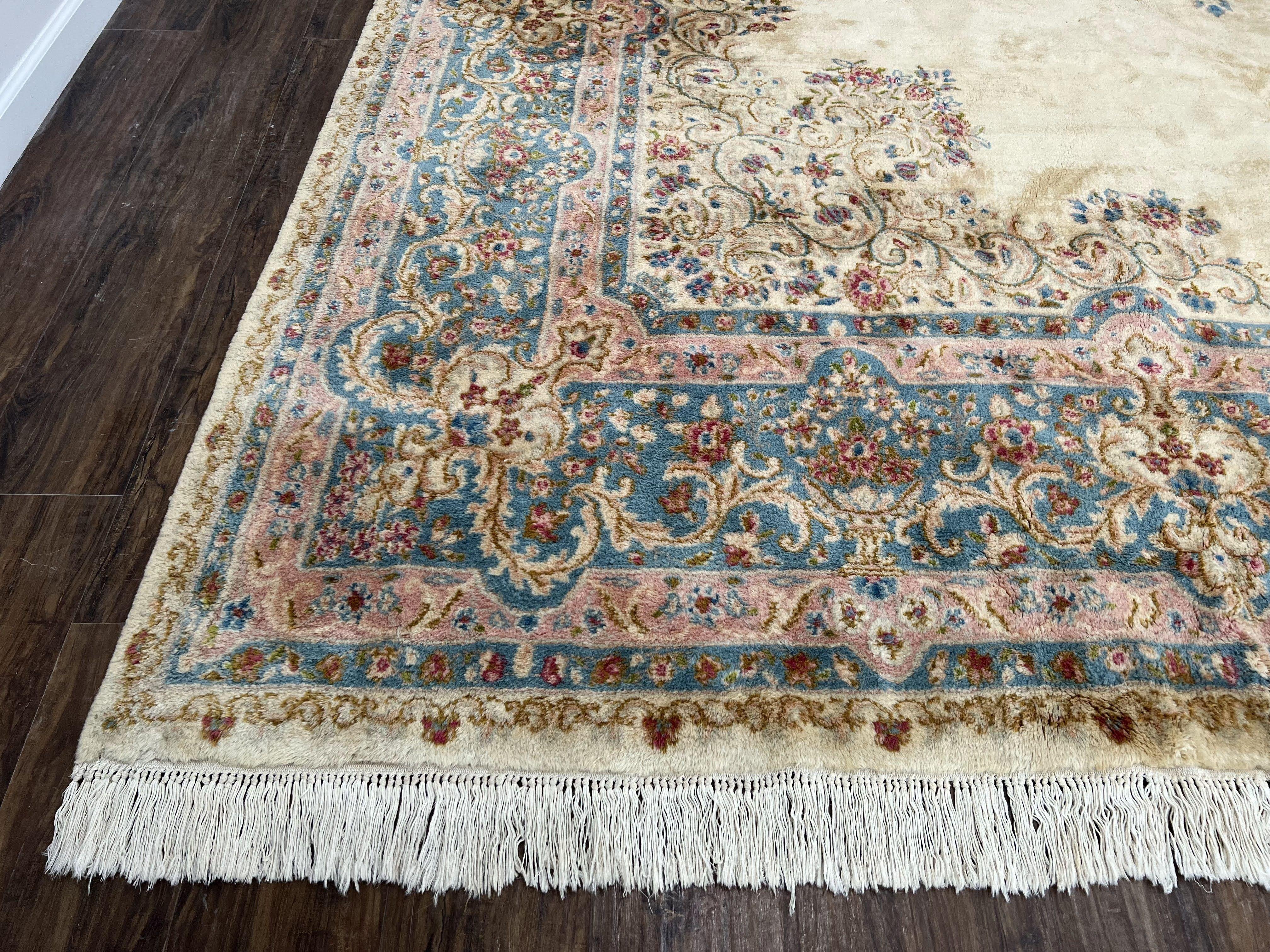 Oversized Persian Rug 11x18, Kirman Open Field Medallion 11 x 18, Palace Sized Hand Knotted Handmade Wool Oriental Carpet, Cream Light Blue - Jewel Rugs