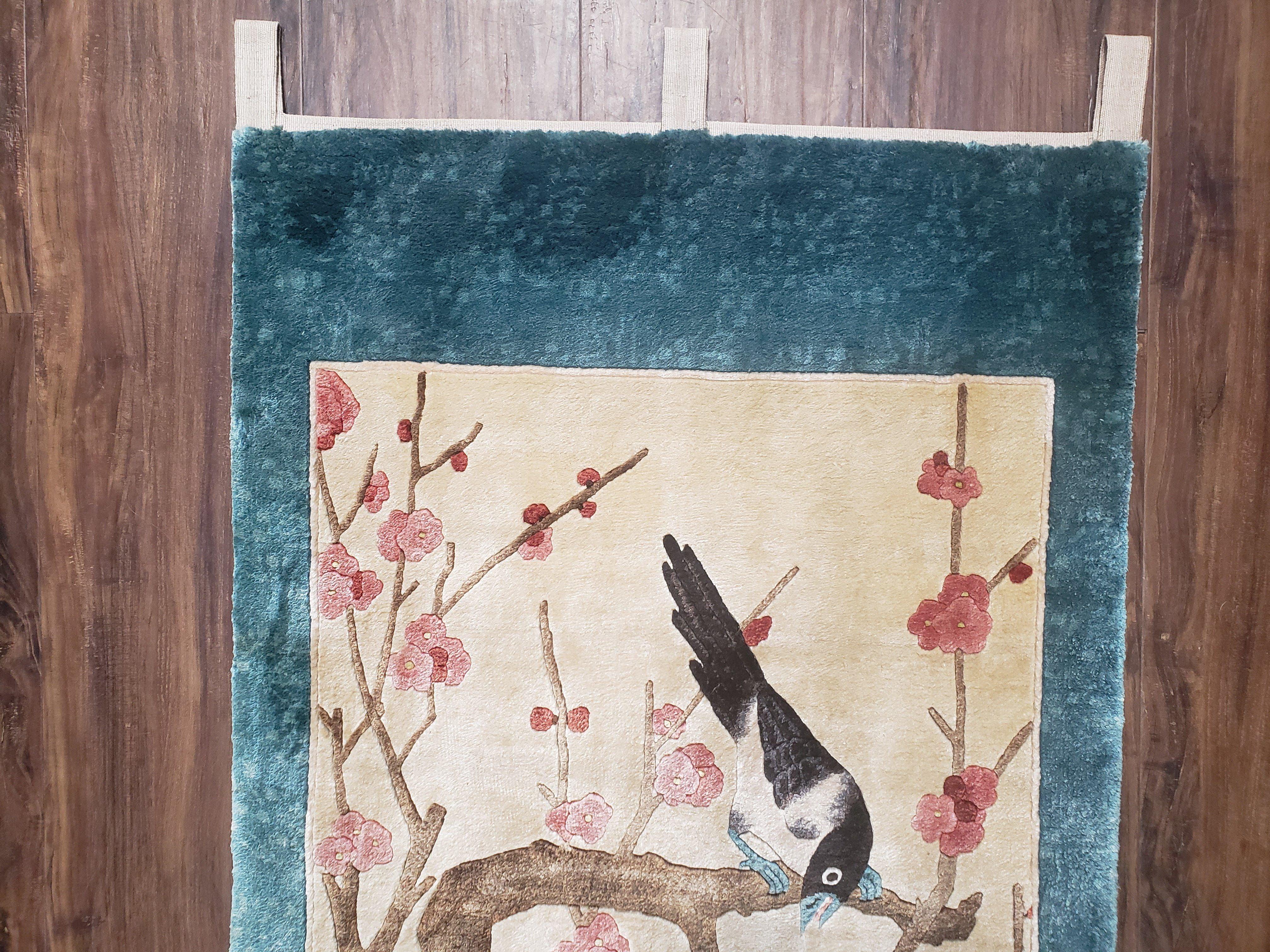 Vintage Chinese Tapestry Wall Hanging Rug 2x5 Hand-Knotted Chinese Silk Wall Hanging, Teal Cream 1960s Art Deco Tapestry Carpet Birds Pair A - Jewel Rugs