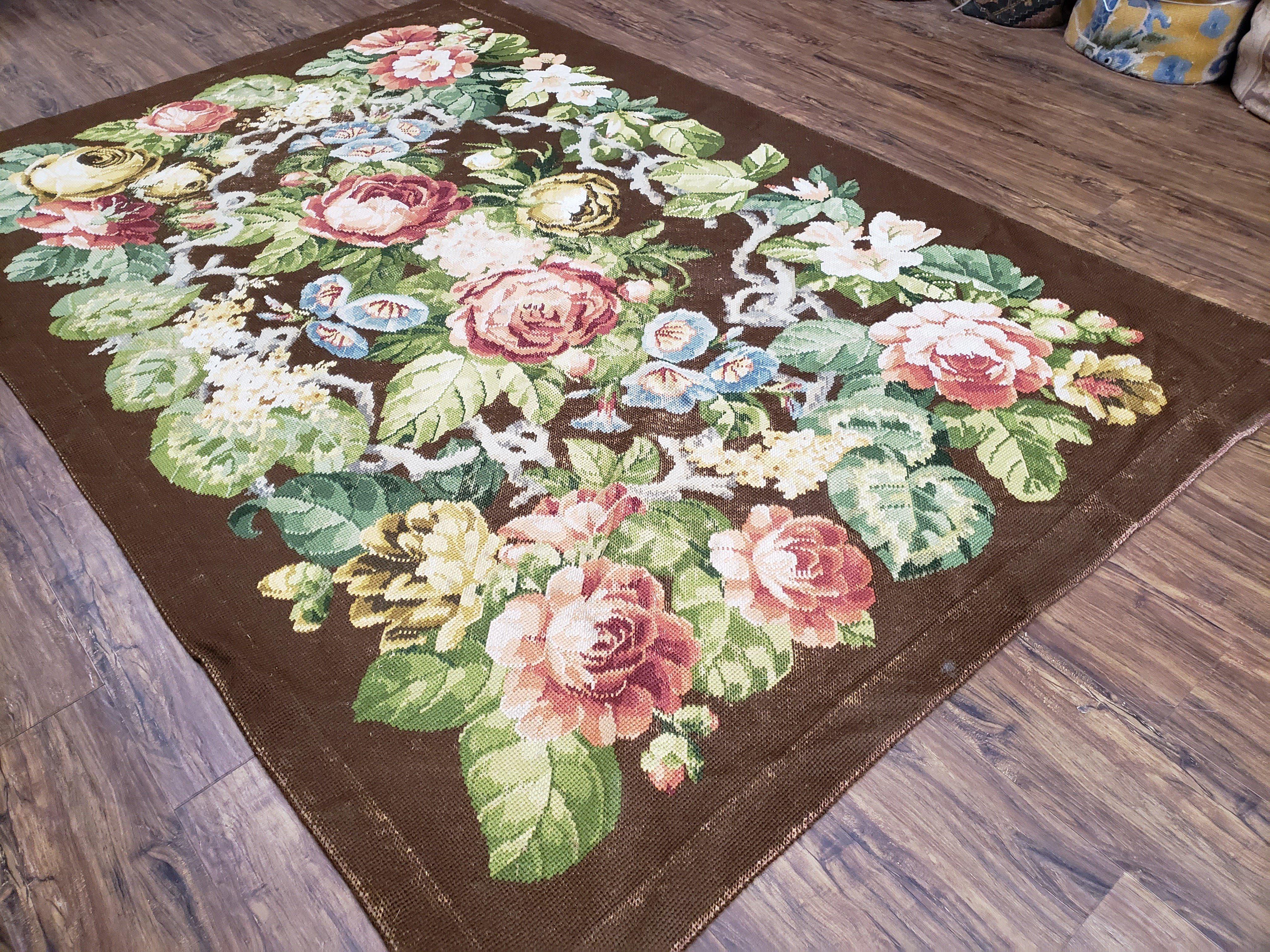 Floral Needlepoint Rug, Medium Rug, Vintage Area Rug, Handmade Flat Weave Rug, Dark Brown Rug, Multicolor Large Colorful Flowers, 5x8 - 6x8 - Jewel Rugs