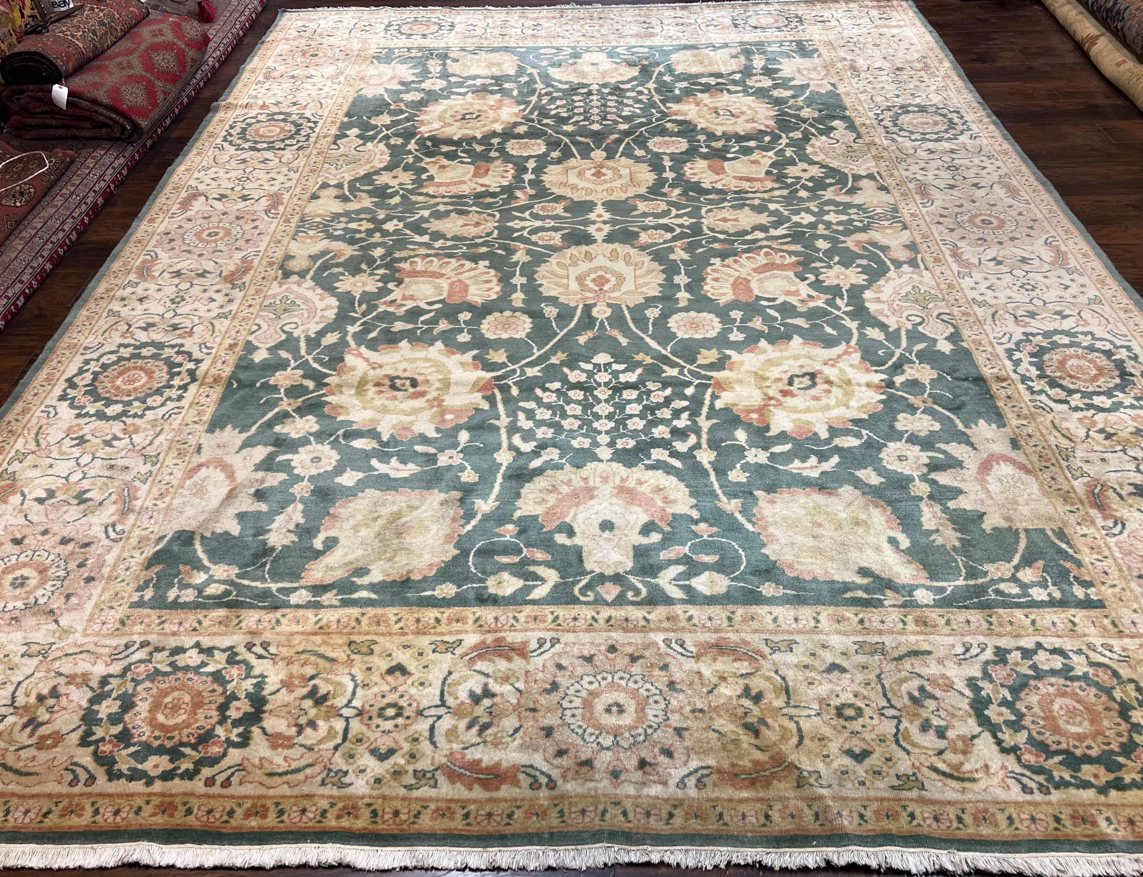 Egyptian Mahal Rug 10x14, Large Vintage Floral Hand Knotted Wool Carpet 10 x 14, Dark Green and Beige Traditional Handmade Persian Area Rug - Jewel Rugs
