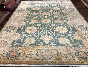 Egyptian Mahal Rug 10x14, Large Vintage Floral Hand Knotted Wool Carpet 10 x 14, Dark Green and Beige Traditional Handmade Persian Area Rug
