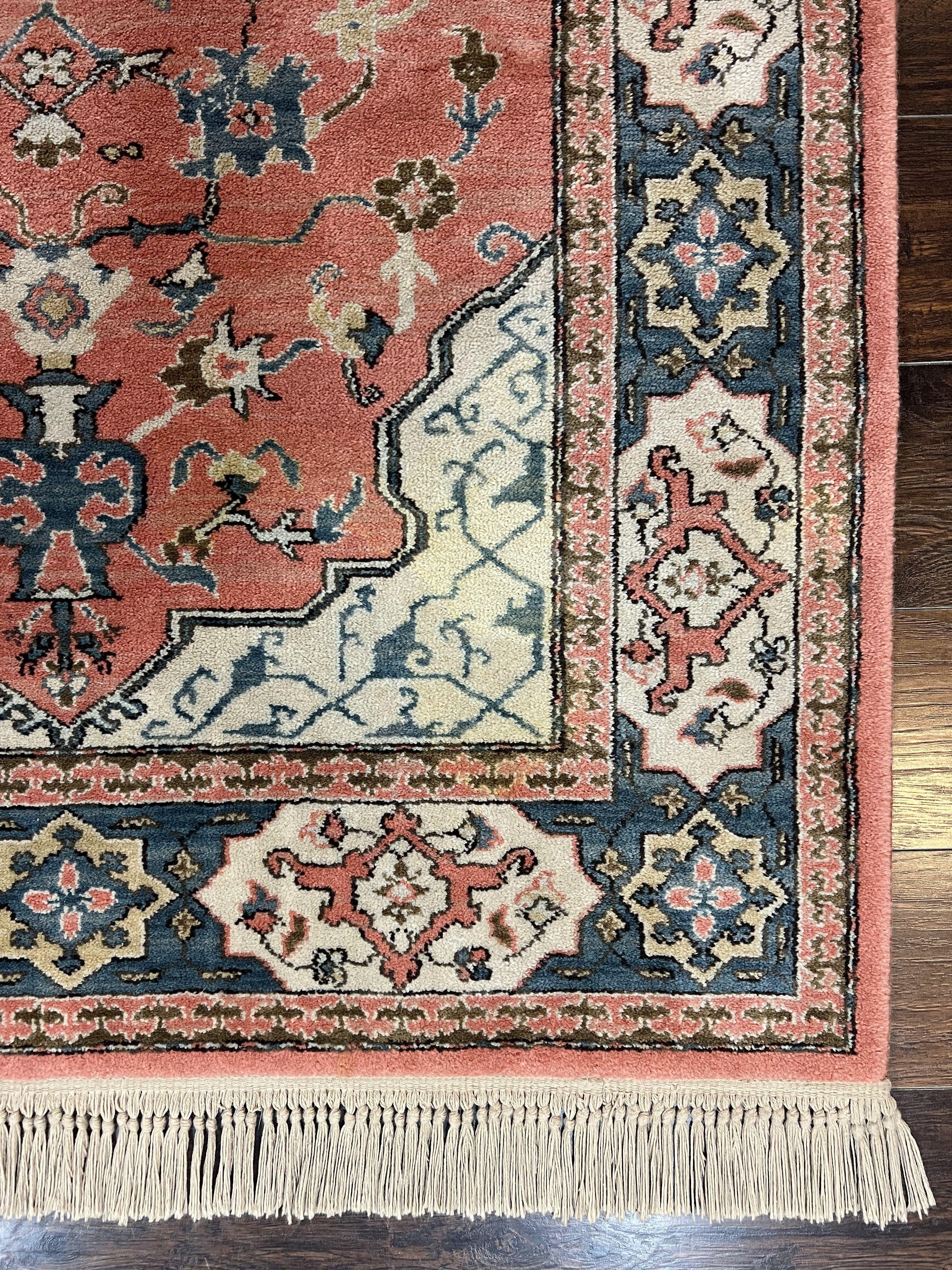 Karastan Rug 4x6 Bergama Design #737, Karastan Area Rug, Vintage Wool Karastan Carpet, Original Collection 700 Series, Salmon Red Light Blue - Jewel Rugs
