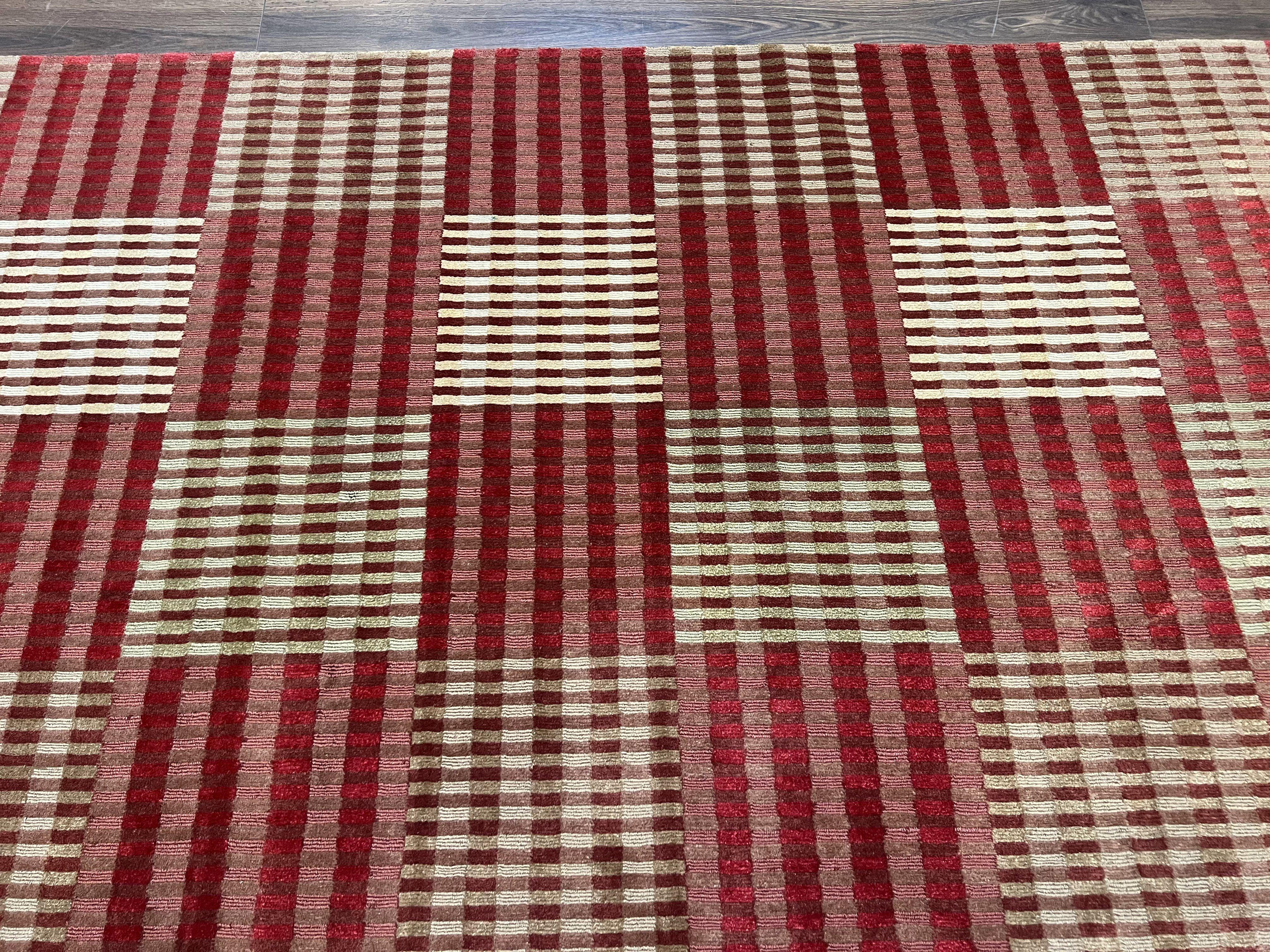 Modern Tibetan Rug 8x10, Hand Knotted Contemporary Nepali Carpet 8 x 10, Checkerboard Design, Red Cream Light Brown, Very Fine Wool & Silk - Jewel Rugs