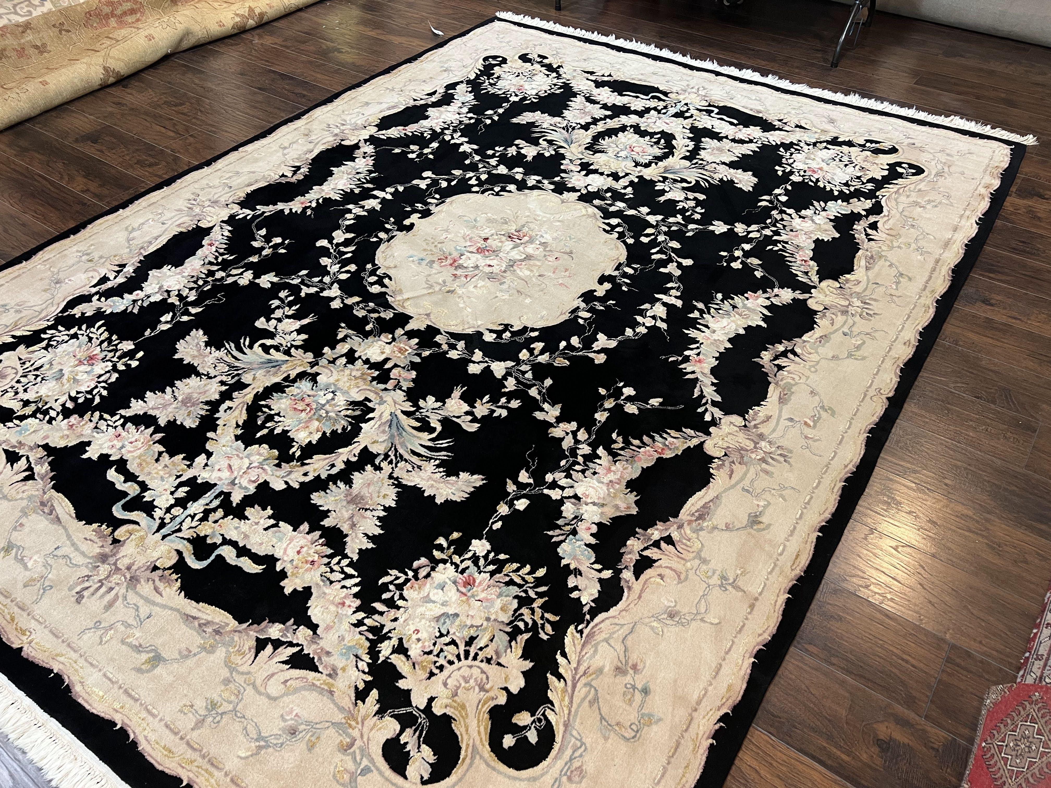 Aubusson Rug 9x12, Wool with Silk Highlights, Vintage Aubusson Carpet with Pile, Black and Beige, Handmade Elegant Room Sized Area Rug, Nice - Jewel Rugs