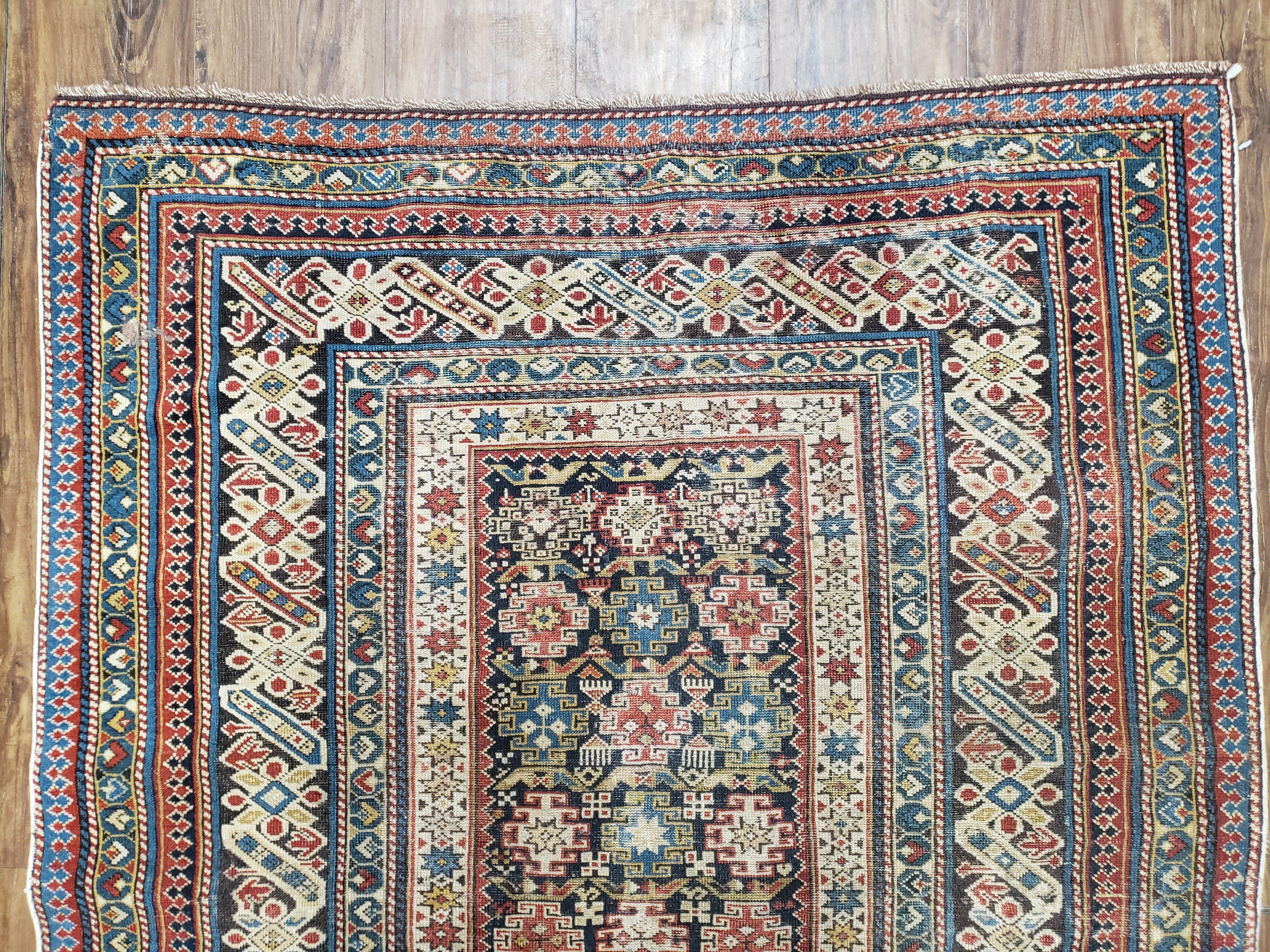 Caucasian Rug 3'9" x 5'7", Antique 1920s Collectible Caucasian Chi Chi Carpet, Hand Knotted, Colorful, Dark Blue Cream Red, Wool, Small Rug - Jewel Rugs