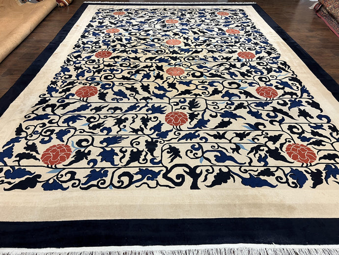 10x14 Chinese Peking Rug, Allover Pattern, Beige Black Blue Red, Handmade Hand Knotted Vintage 1940s Antique Living Room Chinese Carpet Nice - Jewel Rugs