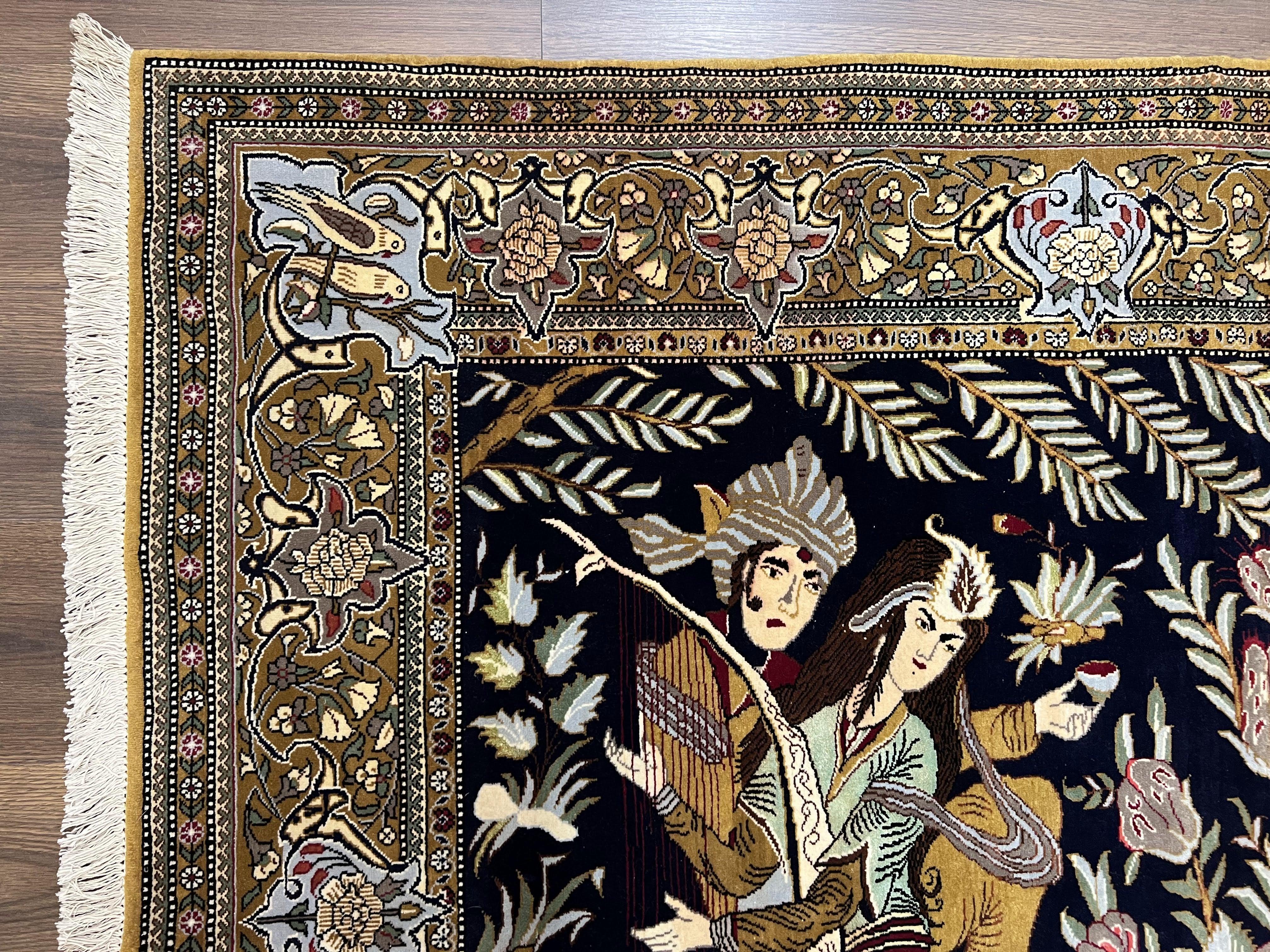 Persian Qum Pictorial Rug 4.8 x 6.5 - Layla & Majnun, Birds - Jewel Rugs