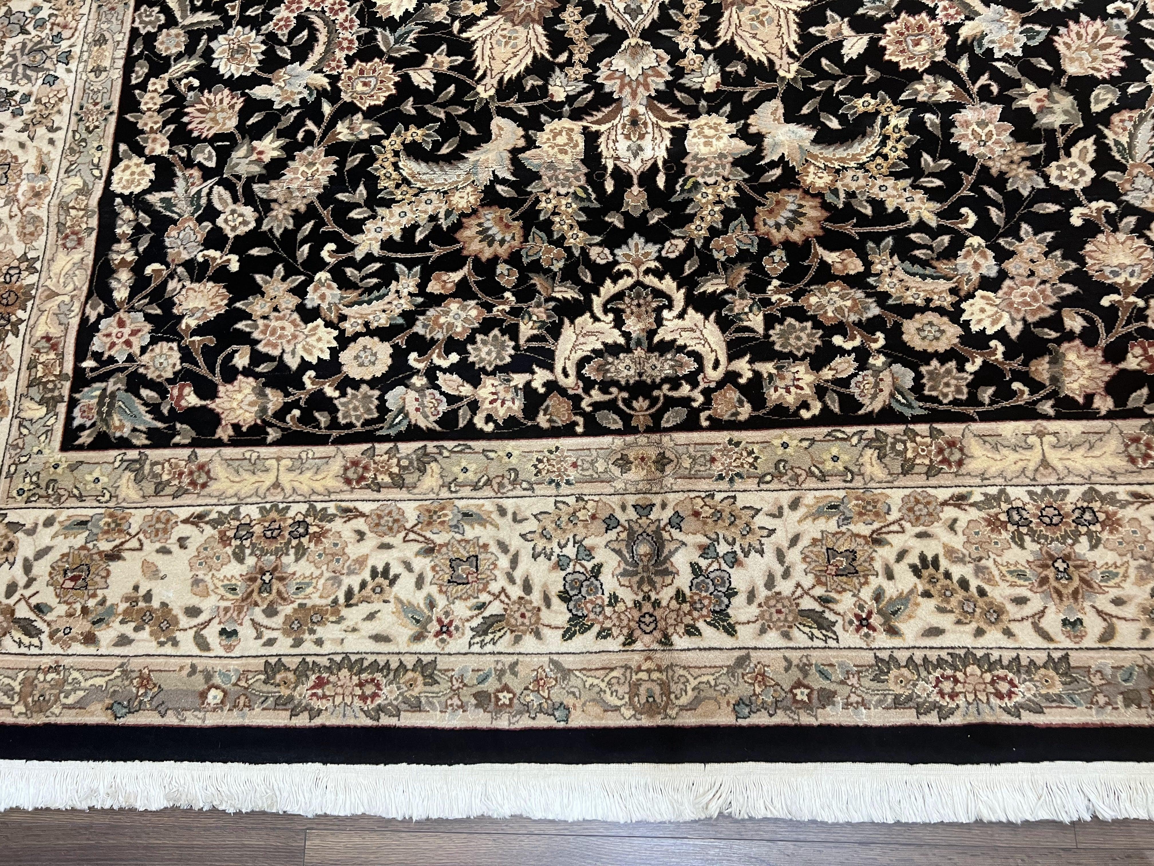 Indo Persian Rug 8x10, Elegant Floral Medallion Indian Oriental Carpet, Wool and Silk, Black and Beige, Hand Knotted Vintage Room Sized Rug - Jewel Rugs