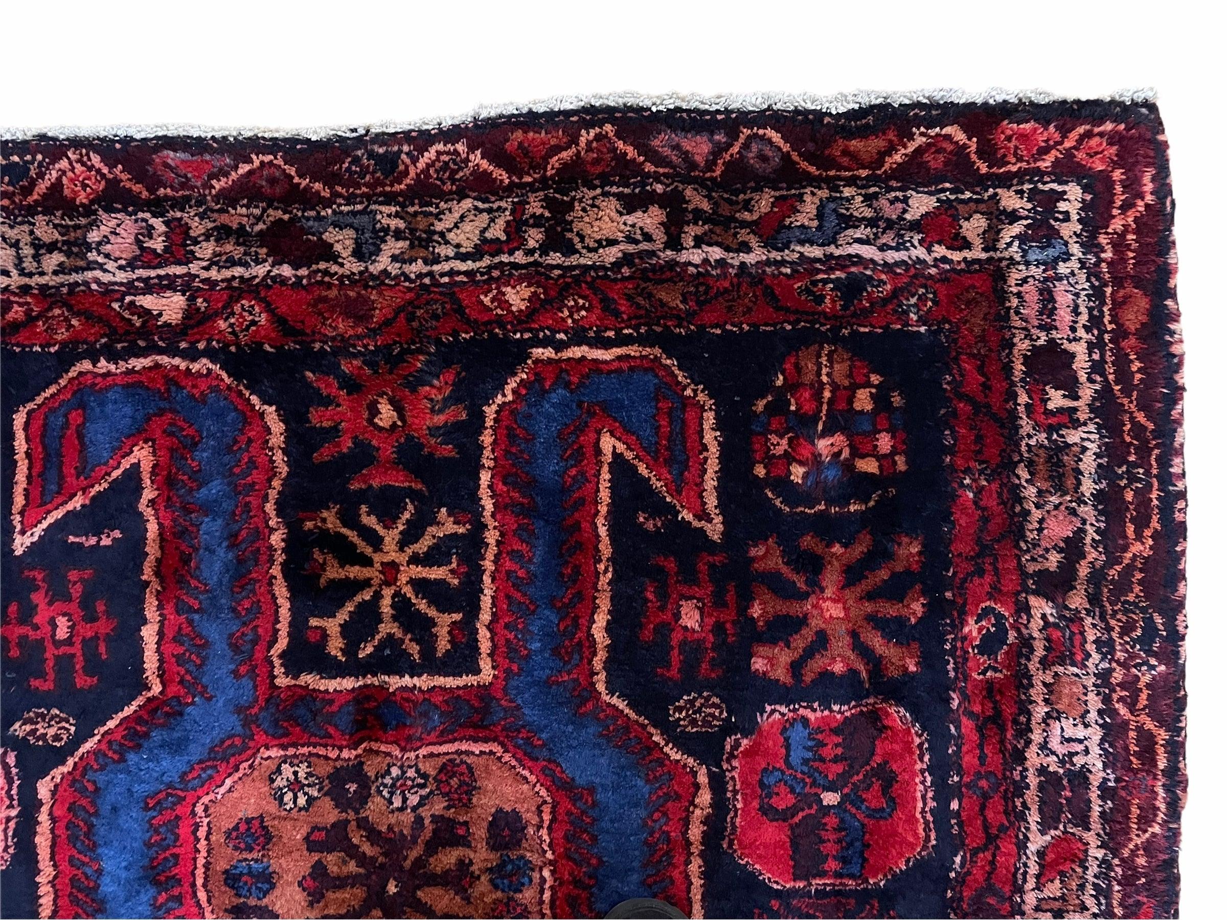 4 X 6 Antique Handmade Wool Tribal Hand-Knotted Rug Geometric Blue Red Veg Dyes - Jewel Rugs