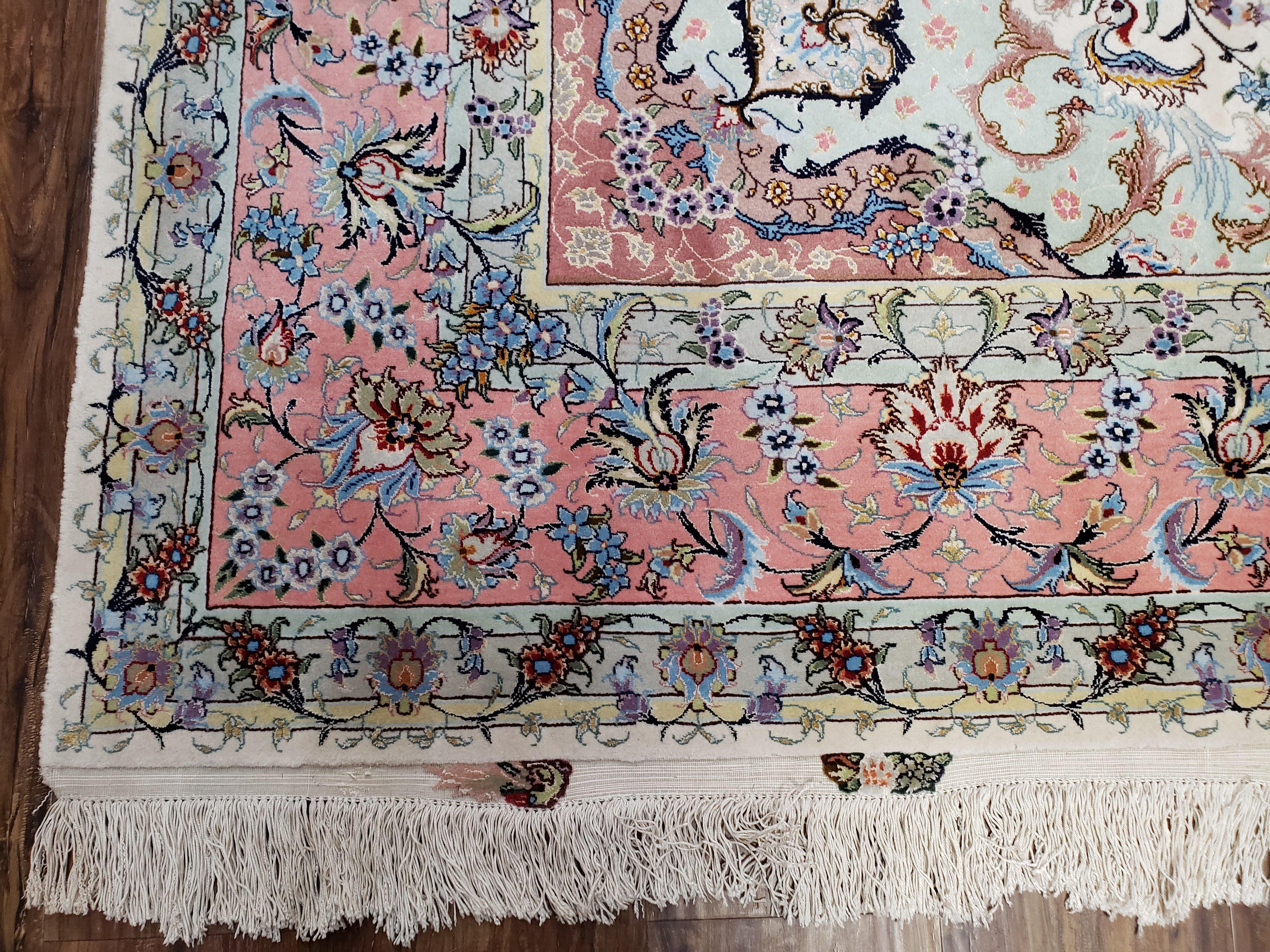 Incredible Persian Tabriz Rug 7x10, Super Fine Persian Carpet, 300+ KPSI, Ivory and Pink, Light Colors, Wool and Silk, Vintage, Top Quality, Signed - Jewel Rugs