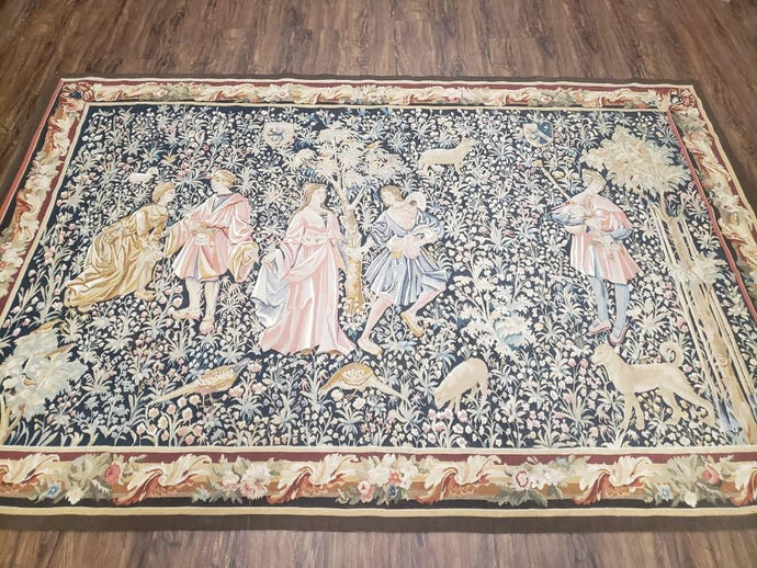 Vintage European Tapestry 5.4 x 7.11, Antique Style European Wall Hanging, Aubusson Weave Handmade Tapestry, Courtship Dating Scene, Animals - Jewel Rugs