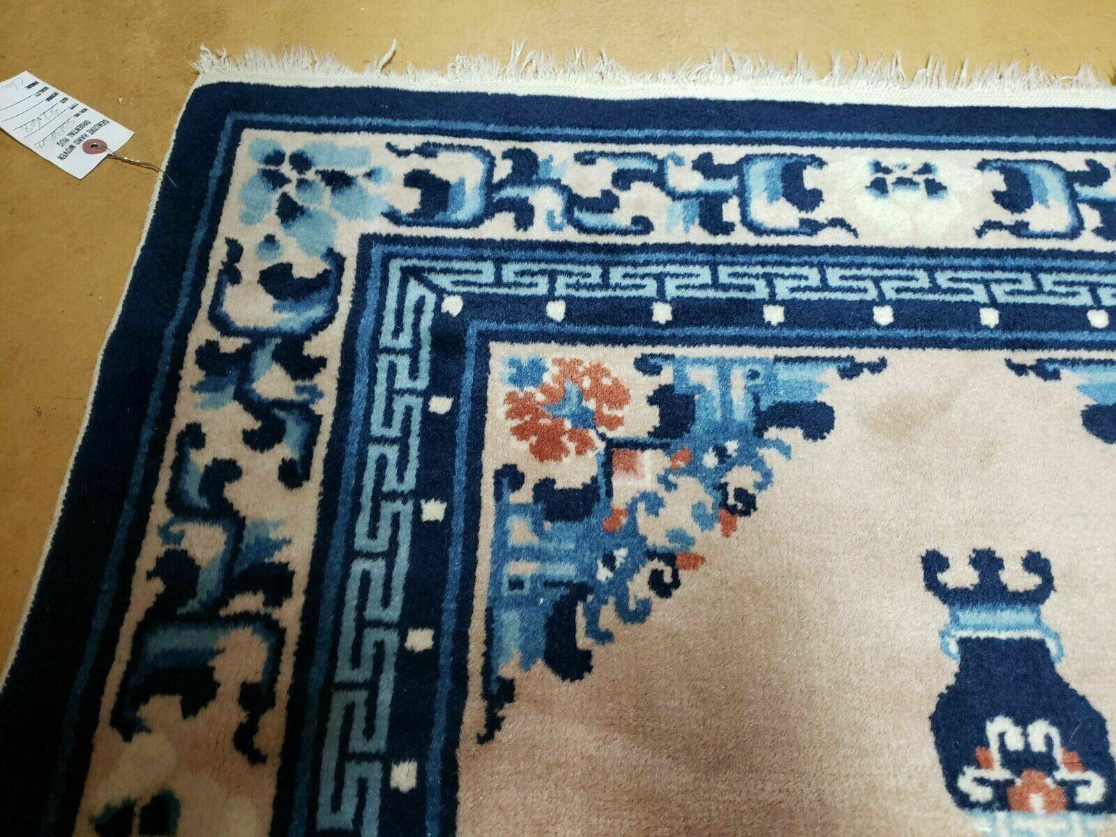 3' X 5' 8" Handmade Art Deco Chinese Wool Rug Peking Blue and Beige Carpet - Jewel Rugs