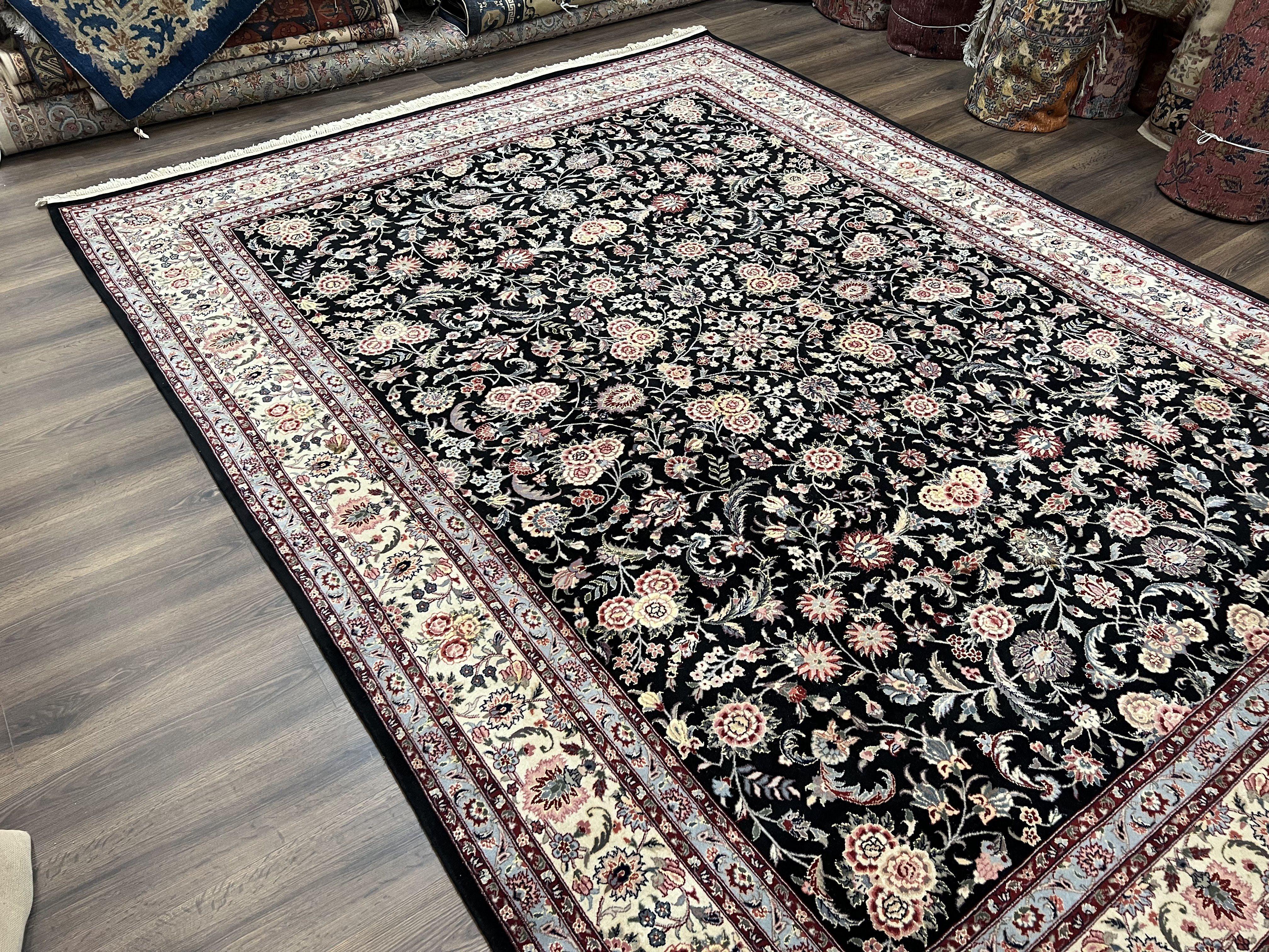 Pak Persian Rug 9x12, Floral Allover, Hand Knotted Oriental Carpet 9 x 12 ft, Black and Cream, Detailed, Wool with Silk Highlights, Vintage - Jewel Rugs