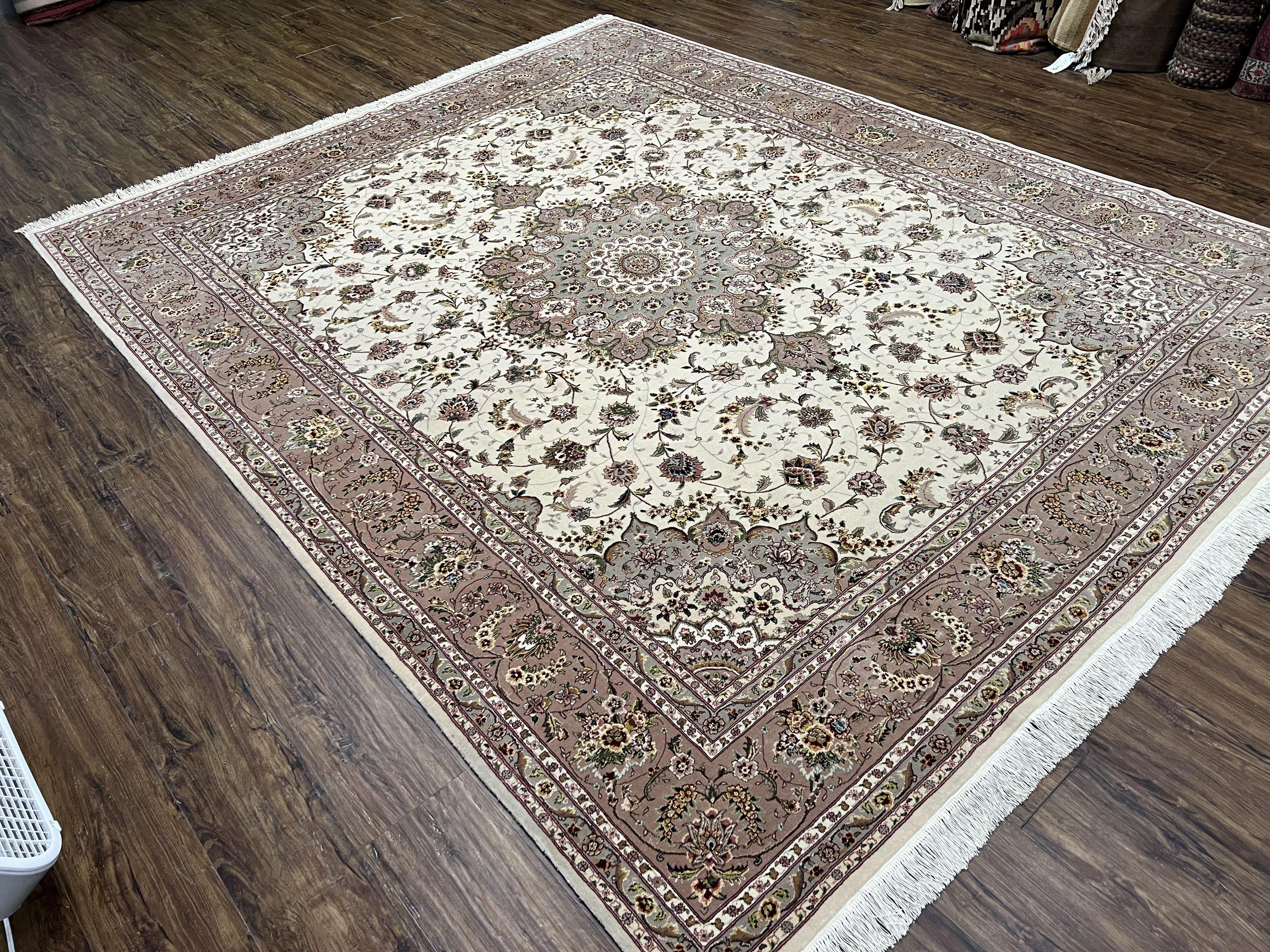 Fine Sino Persian Rug 8x10 ft, Floral Medallion, Elegant Oriental Carpet, Ivory Gray Light Mauve Handmade Wool with Silk Highlights Vintage - Jewel Rugs