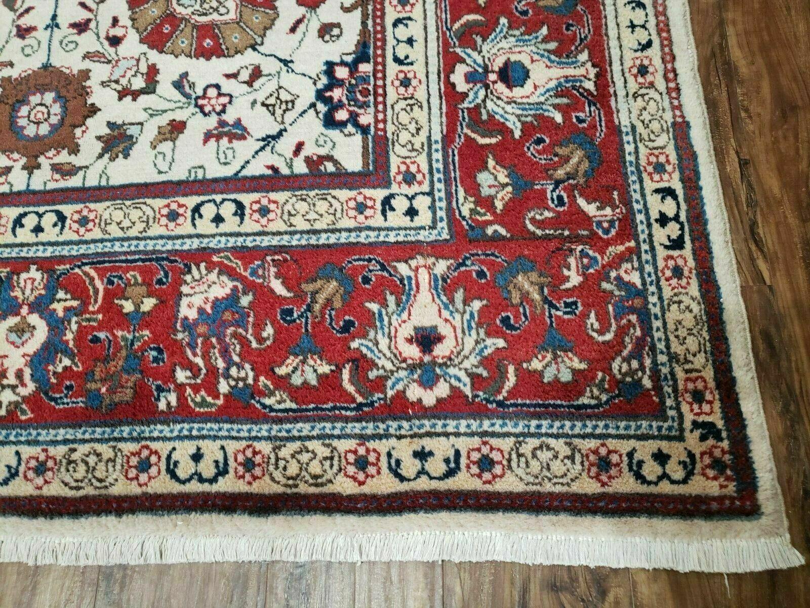 Antique Persian Tabriz Rug 9x12, Hand Knotted Oriental Carpet 9 x 12 ft, Vintage Wool Room Sized Rug, Cream and Red, Floral Allover Handmade Rug - Jewel Rugs
