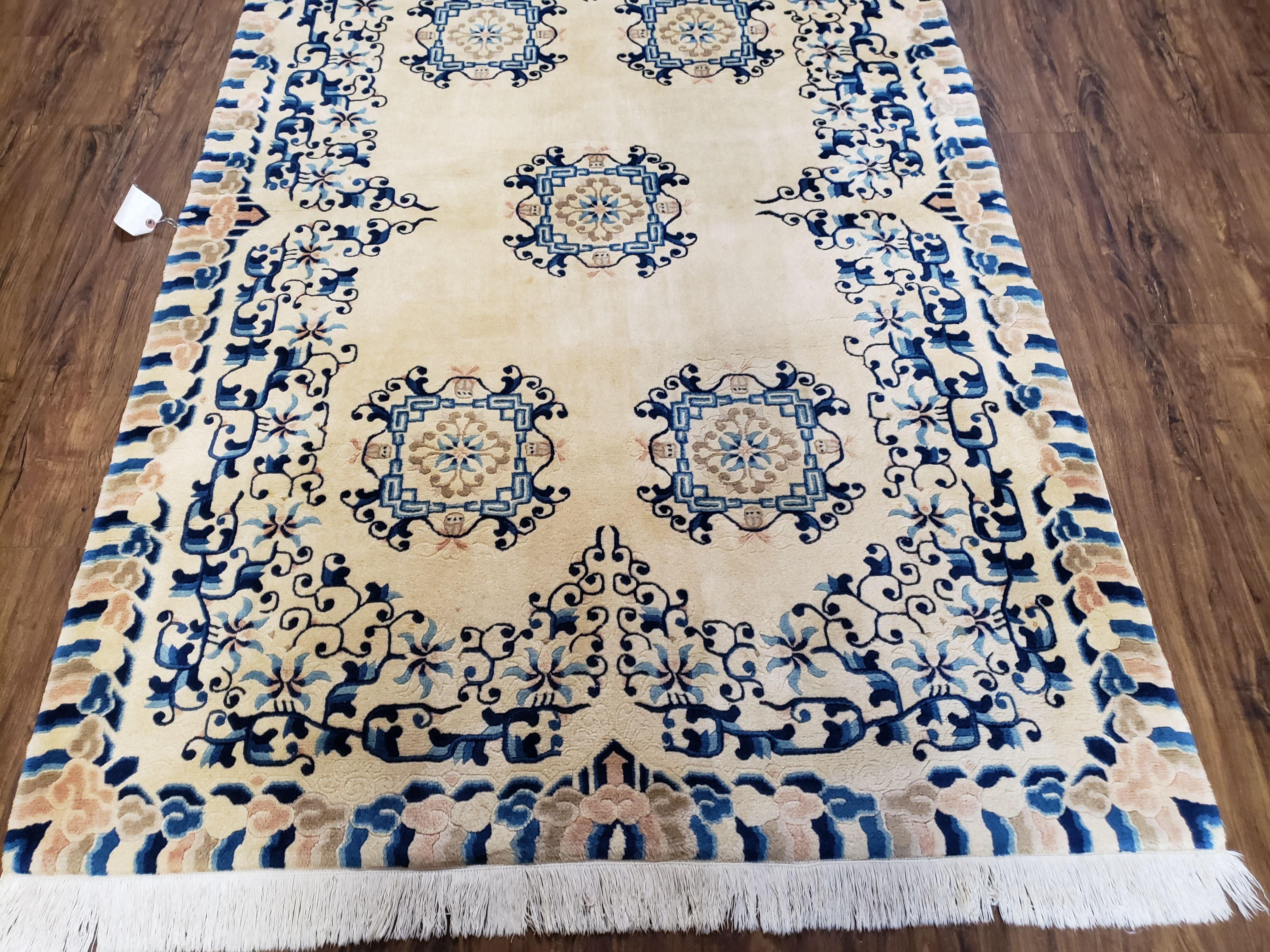 Antique Chinese Peking Area Rug 4x6, Ivory & Blue, Striped Border, Hand-Knotted, Early 20th Century Rug, Asian Oriental Art Deco Wool Carpet - Jewel Rugs