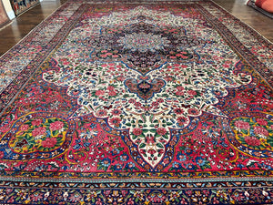 Spectacular Antique Persian Yazd Rug 12x19, Oversized Carpet 12 x 19, Palace Sized Hand Knotted Wool Rug, Floral Medallion, Kirman Lavar, Ivory Red - Jewel Rugs