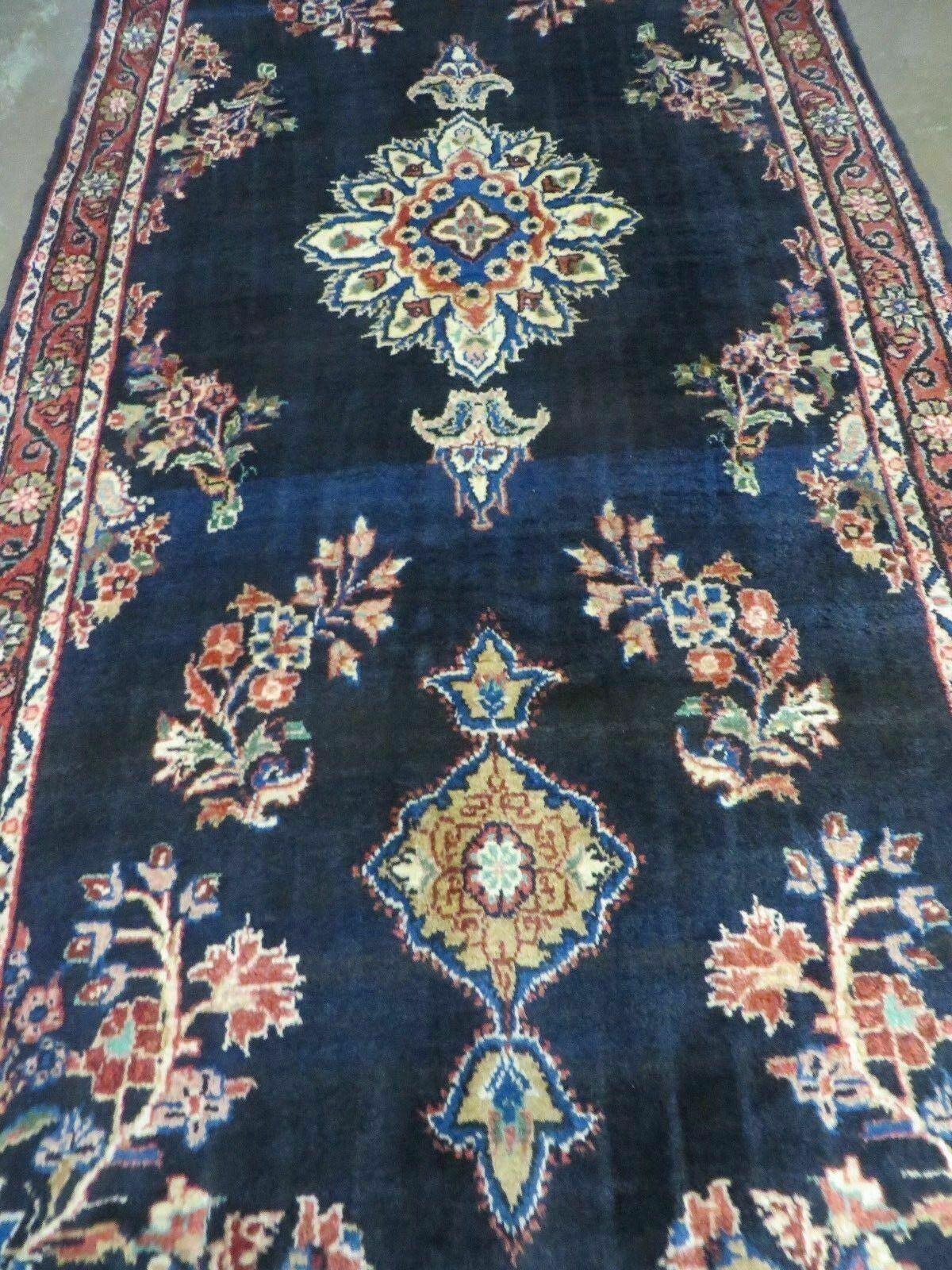 Persian Runner Rug 3.7 x 10.9, Antique Persian Lilihan Lilian Sarouk Wool Handmade Oriental Tribal Hallway Runner, Navy Blue Red Cream, Floral Semi Open Field Medallion - Jewel Rugs