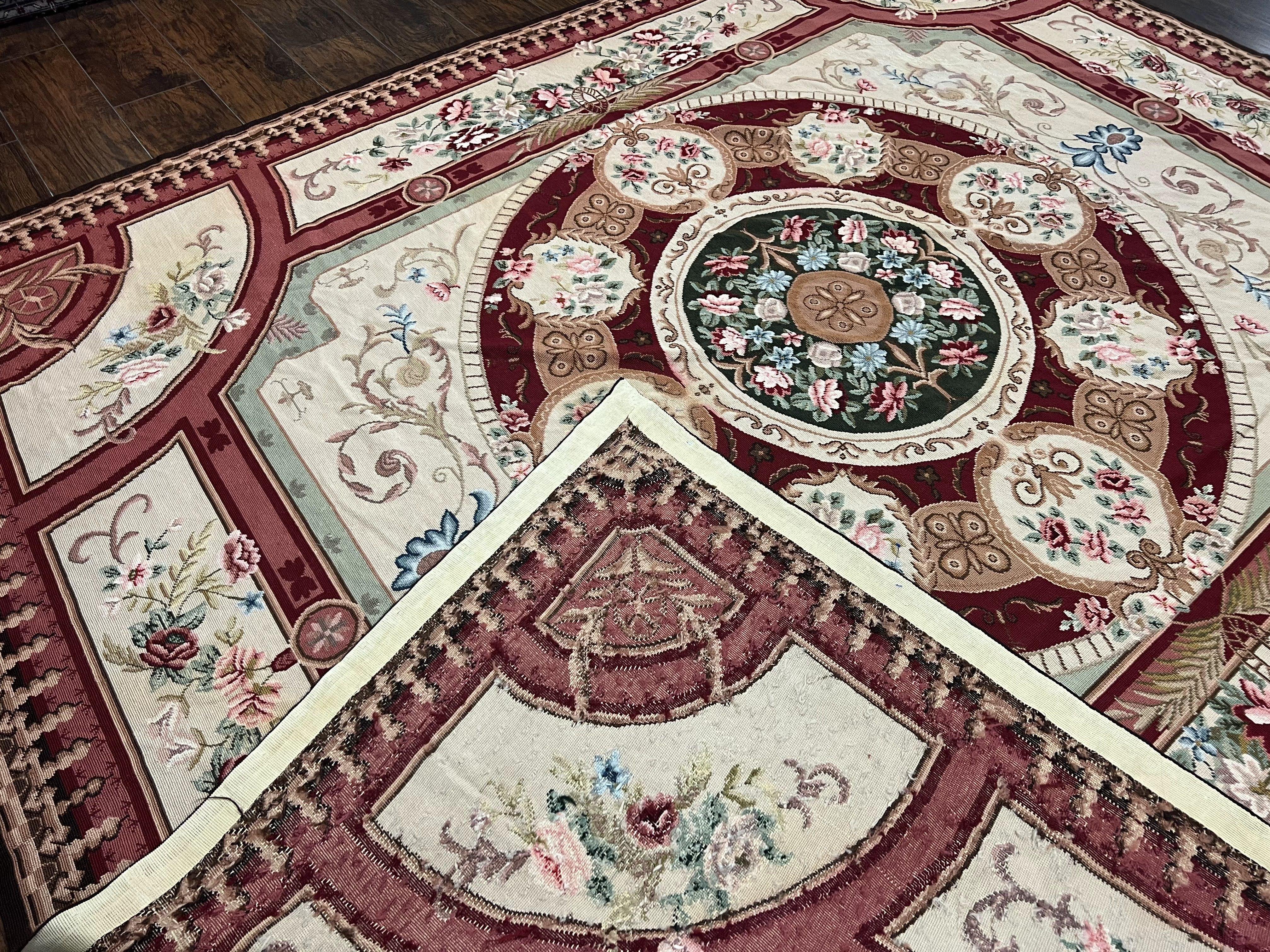 Needlepoint Rug 7.9 x 9, Beige Maroon Rose, Handmade Handwoven Flatweave Aubusson Savonnerie French European Elegant Carpet, Wool Rug - Jewel Rugs