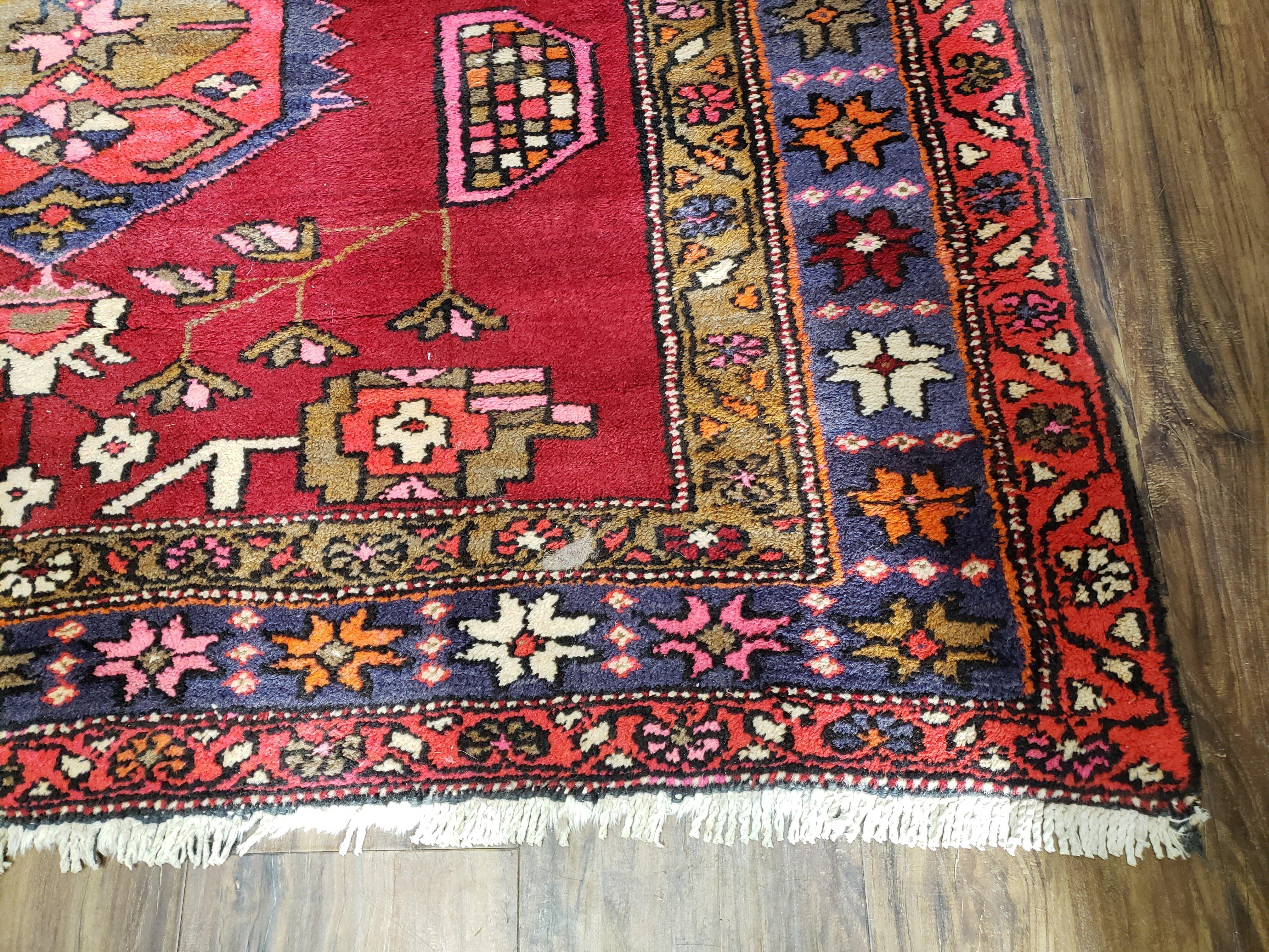 Antique Persian Karajeh Runner Rug 4.4 x 11 ft, Red Colorful Bold Vintage Tribal Geometric Heriz Runner, Village Runner, High Quality Handmade, 11ft Runner - Jewel Rugs