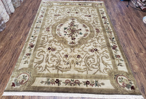 Vintage Nepali Tibetan Aubusson Rug 6x9, Wool Hand-Knotted Cream Beige Carpet, Leaves & Floral Pattern 6 x 9 Soft Area Rug Home Office Rug - Jewel Rugs