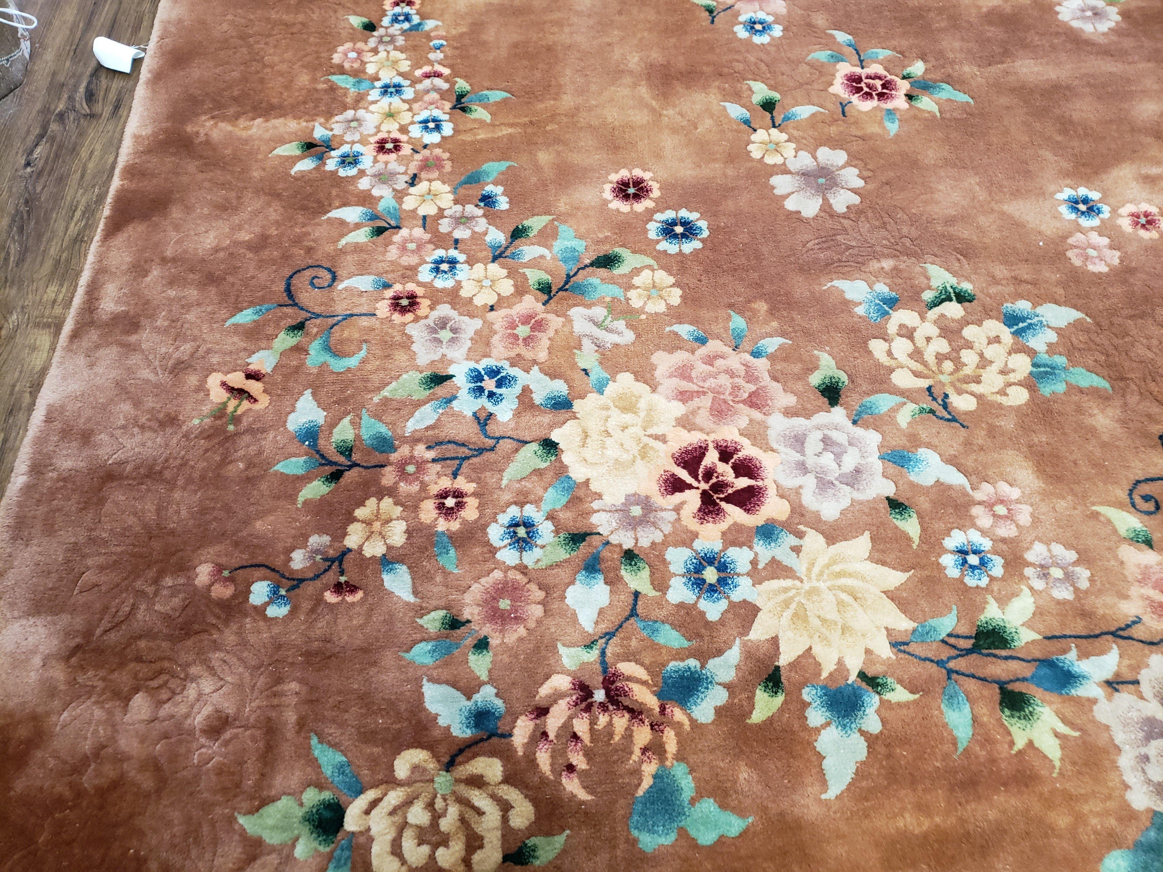 Antique Chinese Art Deco Rug, 9x11 - 9x12 Rug, Light Brown and Multicolor Flowers, Nichols Rug, Asian Deco Rug, Wool Handmade Room Sized Rug - Jewel Rugs