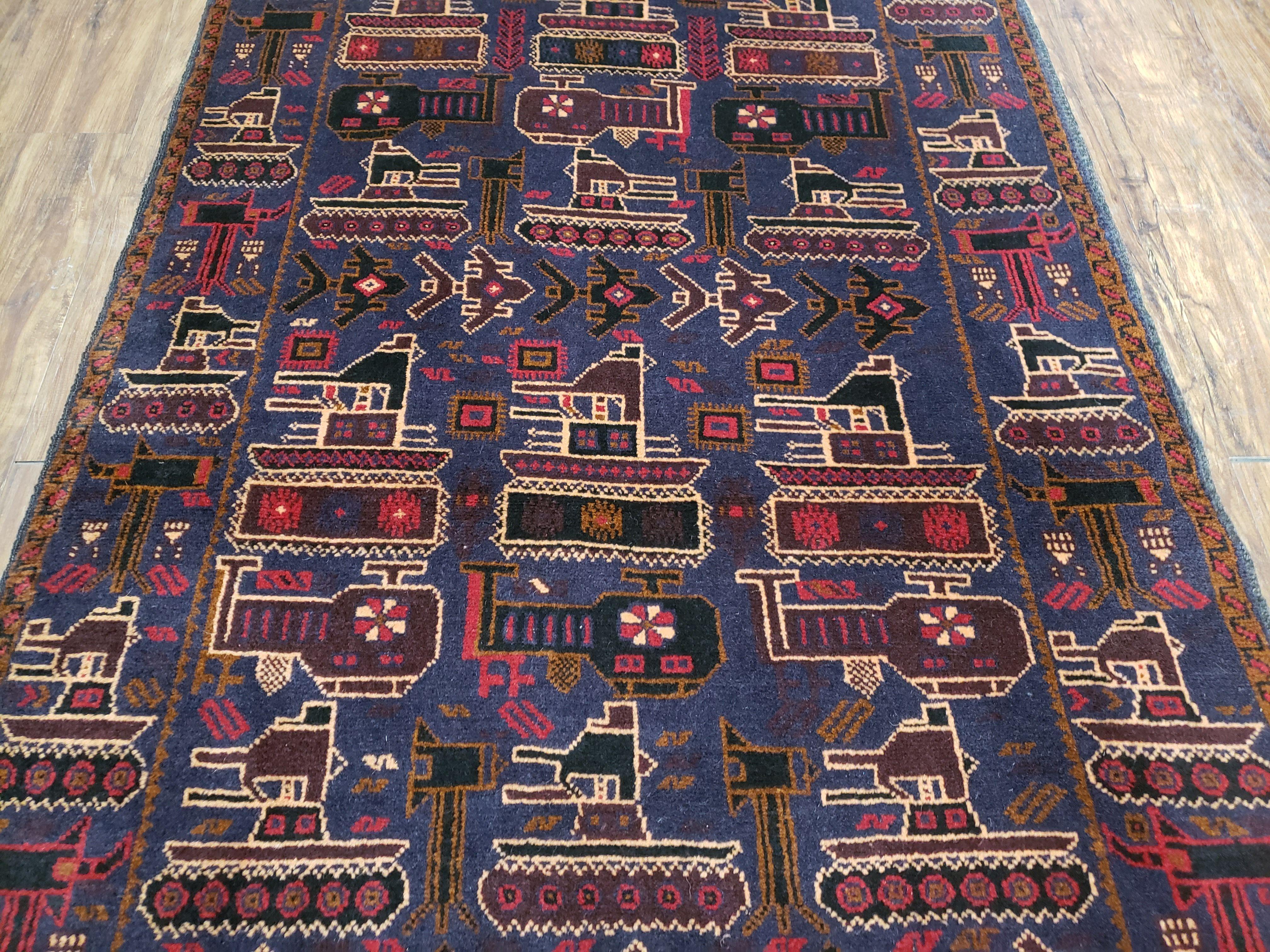 4x6 Handmade Balouch War Afghan Tribal Rug Organic Dyes Helicopter Tank Airplane - Jewel Rugs