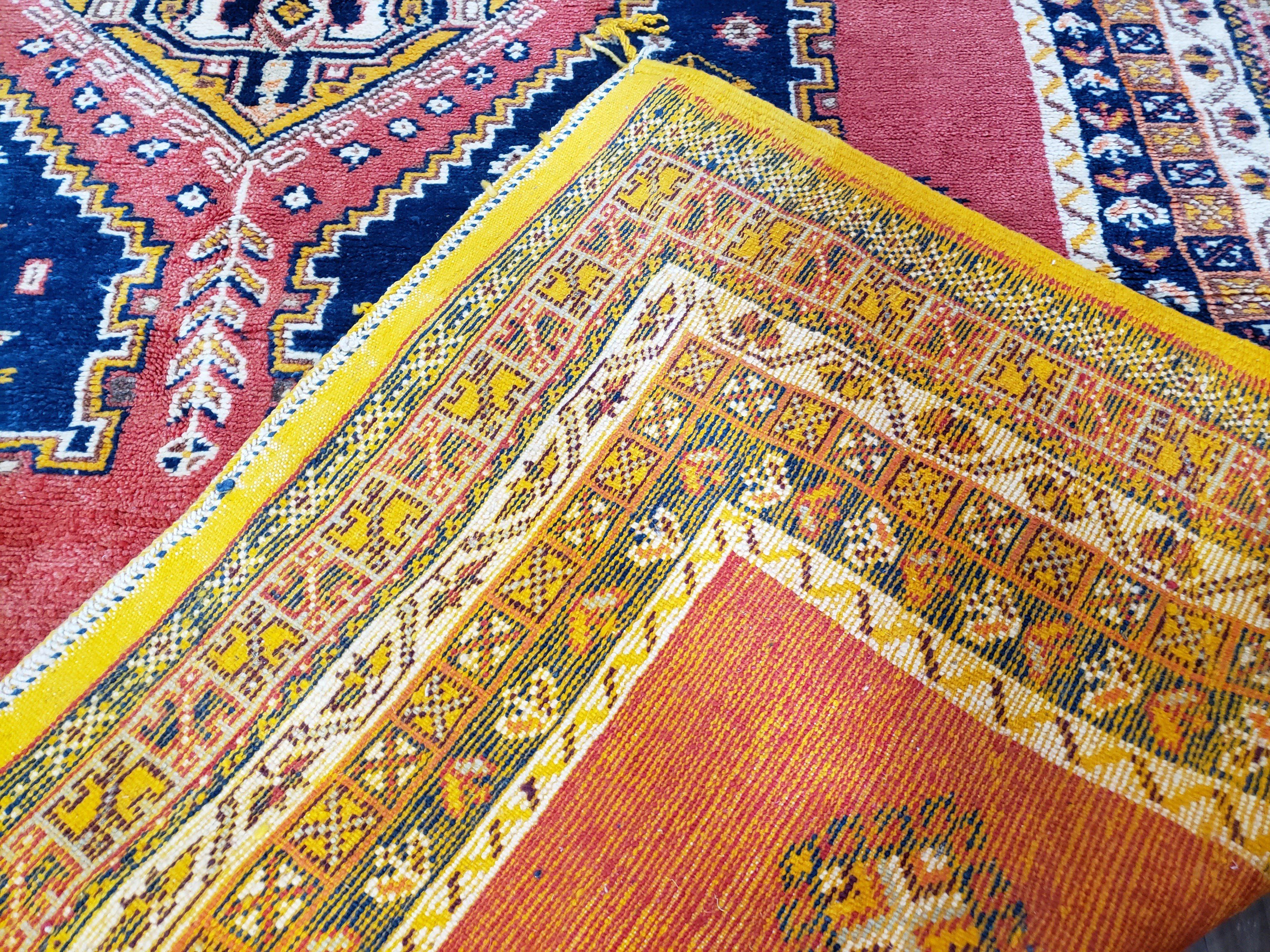 Vintage Moroccan Rug 6.6 x 9.8 ft, Tribal Bohemian Wool Hand-Knotted Carpet, 1950s Moroccan Rug, Salmon Red and Navy Blue, Room Sized Rug - Jewel Rugs