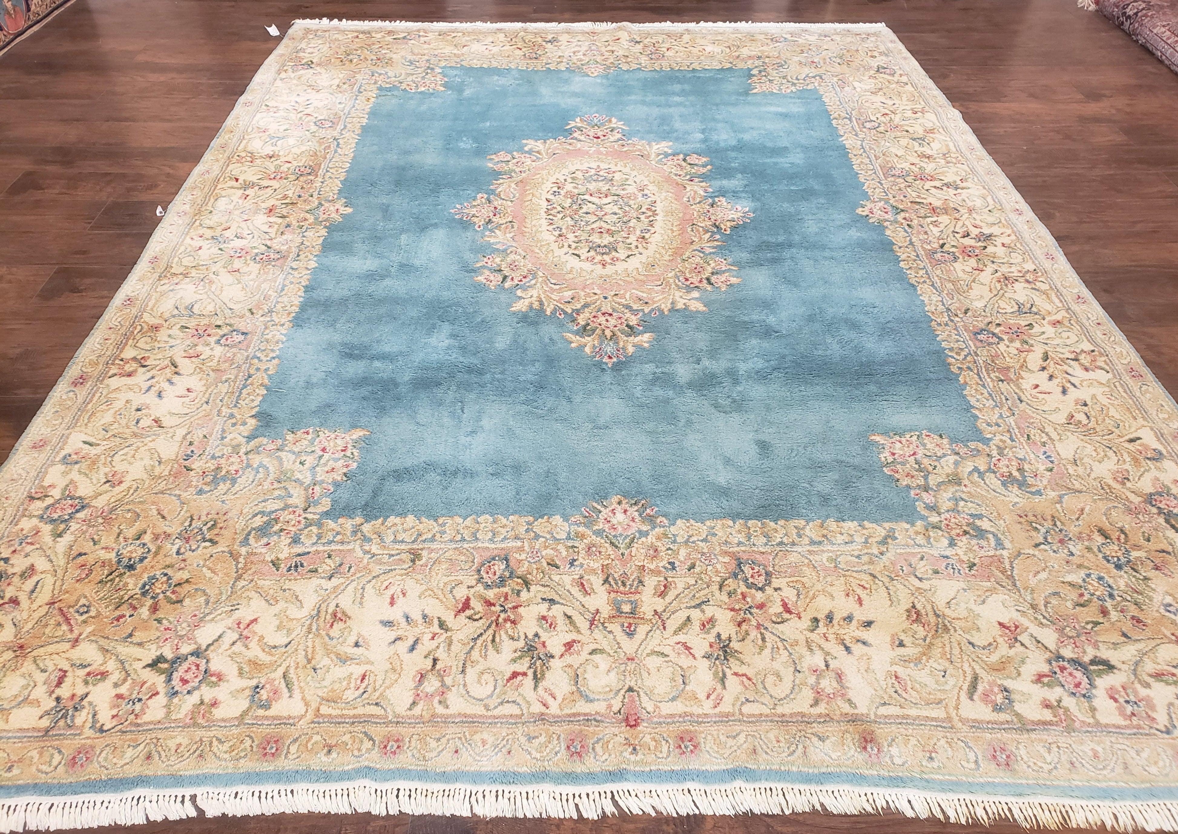 Vintage Persian Kirman Rug, Light Blue Beige Cream, Hand-Knotted, Wool, 9' x 11' 11", 9x12 - Jewel Rugs