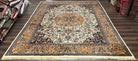 Indo Persian Rug 9x12, Animals Lions Peacocks Birds, Vintage Indian Oriental Carpet 9 x 12, Taba Tabaie, Wool Handmade, Cream Orange Navy - Jewel Rugs