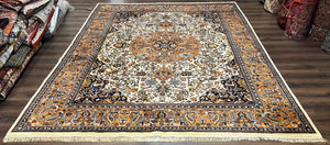 Indo Persian Rug 9x12, Animals Lions Peacocks Birds, Vintage Indian Oriental Carpet 9 x 12, Taba Tabaie, Wool Handmade, Cream Orange Navy - Jewel Rugs