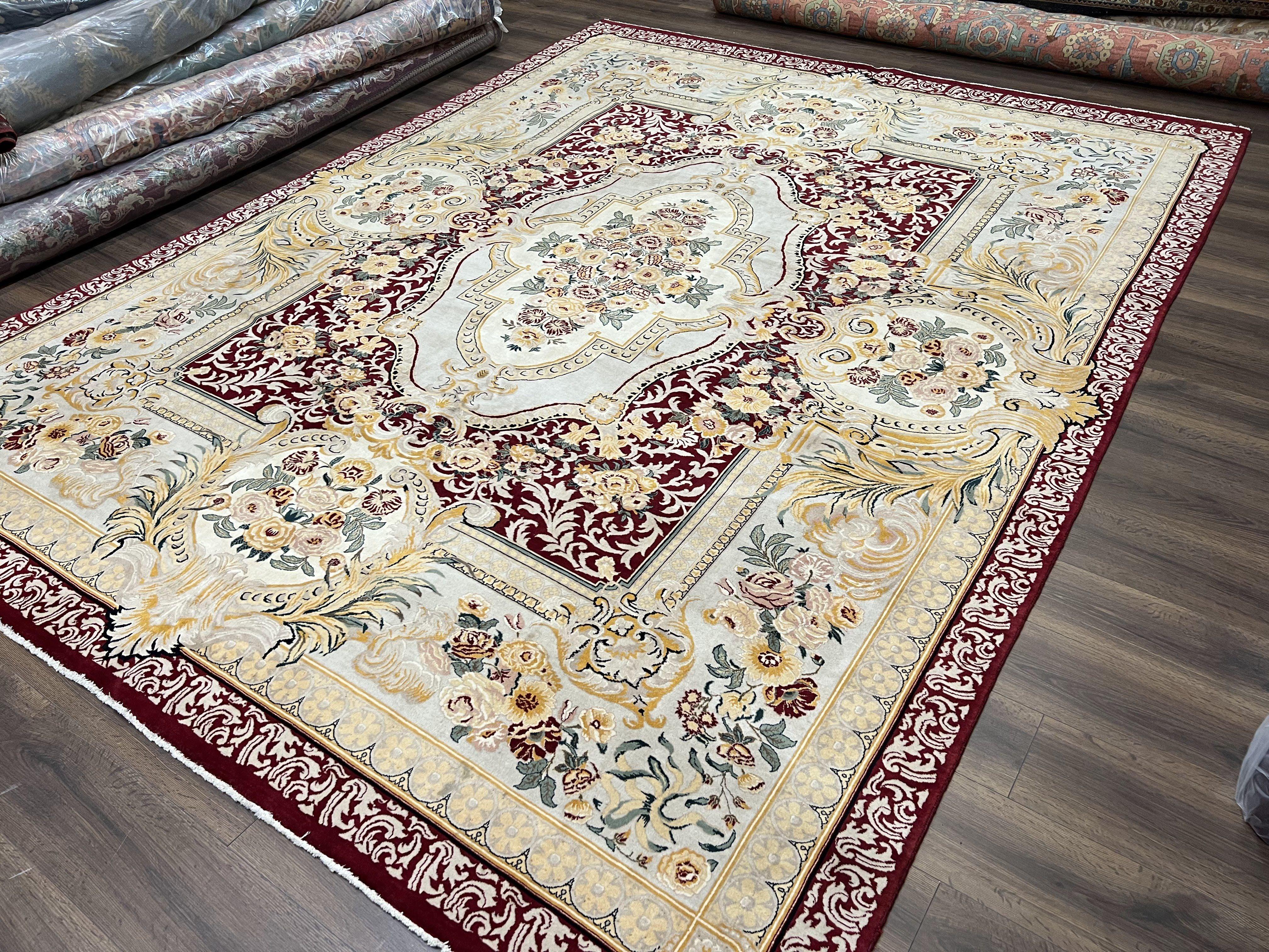 Aubusson Savonnerie Rug 9x12, Vintage French Aubusson Wool Carpet 9 x 12, Burgundy Light Blue Gold, Handmade with Pile Elegant Floral Rug - Jewel Rugs