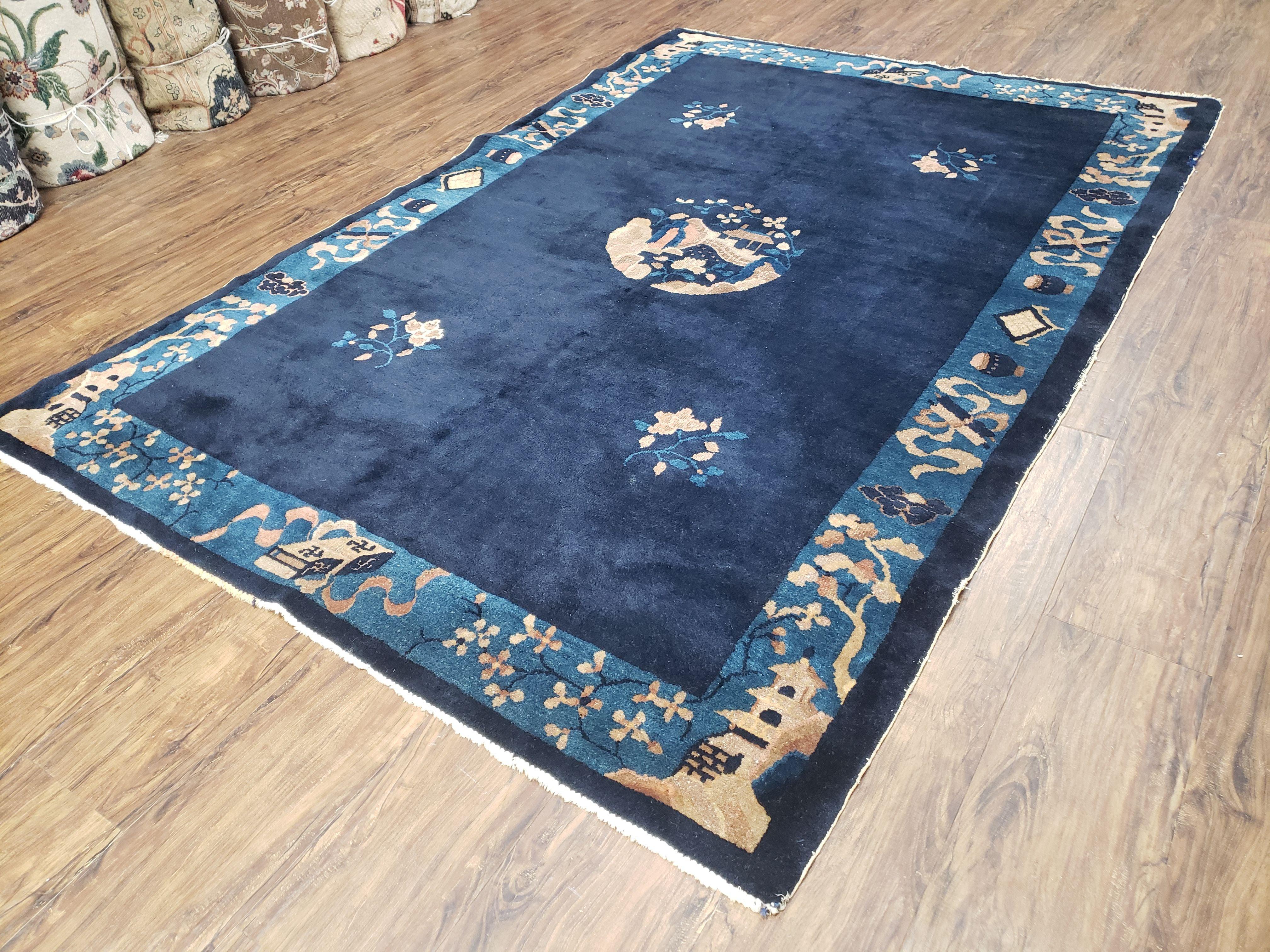 Antique Chinese Peking Area Rug, Hand-Knotted, Dark Blue, Wool, 5x7 Asian Pagoda Oriental Carpet, Rare, 5'1" x 7'6" Traditional Chinese Rug - Jewel Rugs